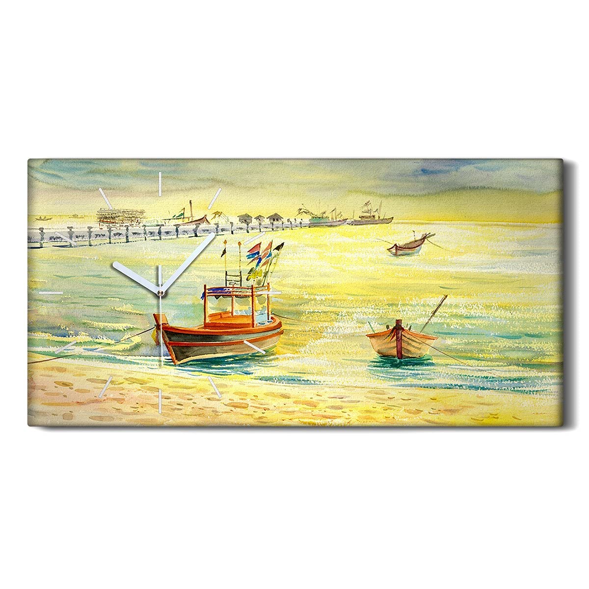Horloge sur Toile 60x30cm - Mer et Bottes de Plage Silencieuse