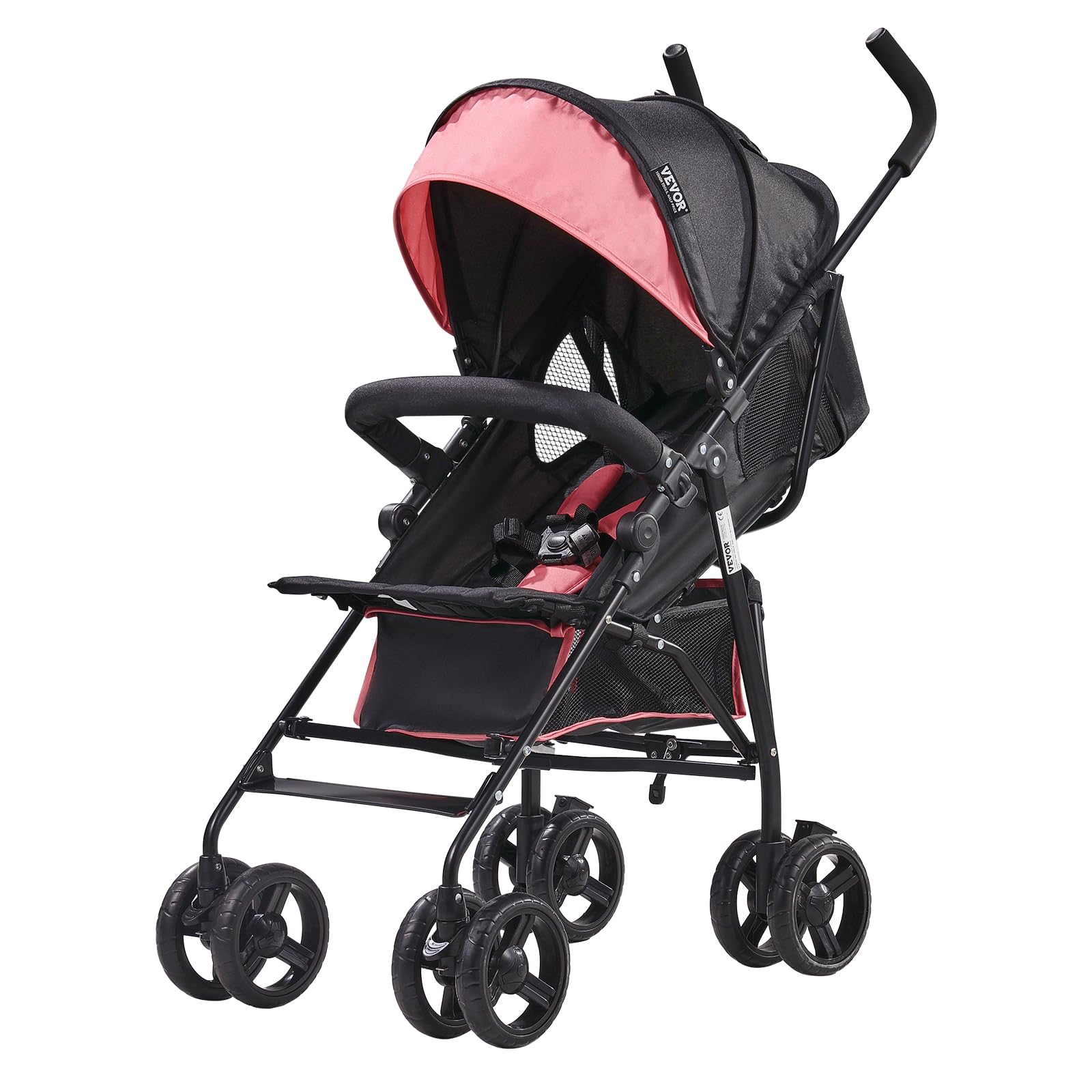 VEVOR Cochecito Ligero, Respaldo Reclinable Multiposición, Plegable y Compacto, de Acero al Carbono, Cesta de Almacenamiento Grande, con Sombrilla para Viajes y Más, Negro/Rosa, 780 x 500 x 1040 mm