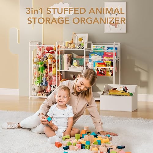Miniatura 7 de BBLIKE Organizador de almacenamiento de animales de peluche 3 en 1, almacenamiento de juguetes con estantería para niños y soporte grande de