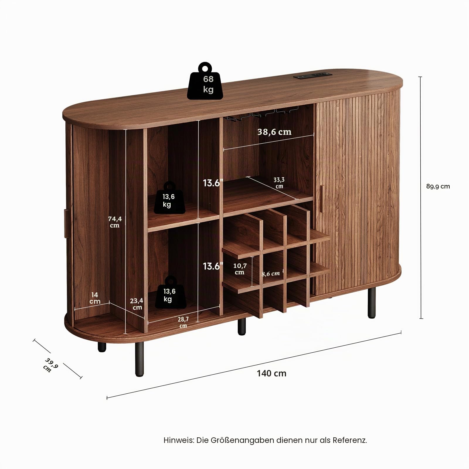 ONBRILL 140 cm Weinbar-Schrank mit LED-Licht, moderne Whiskey-Kaffeestation mit Weinregal und Glashalter, Bauernhaus-Buffet-Sideboard mit Stauraum für Wohnzimmer, Küche, Eingangsbereich (Walnuss)