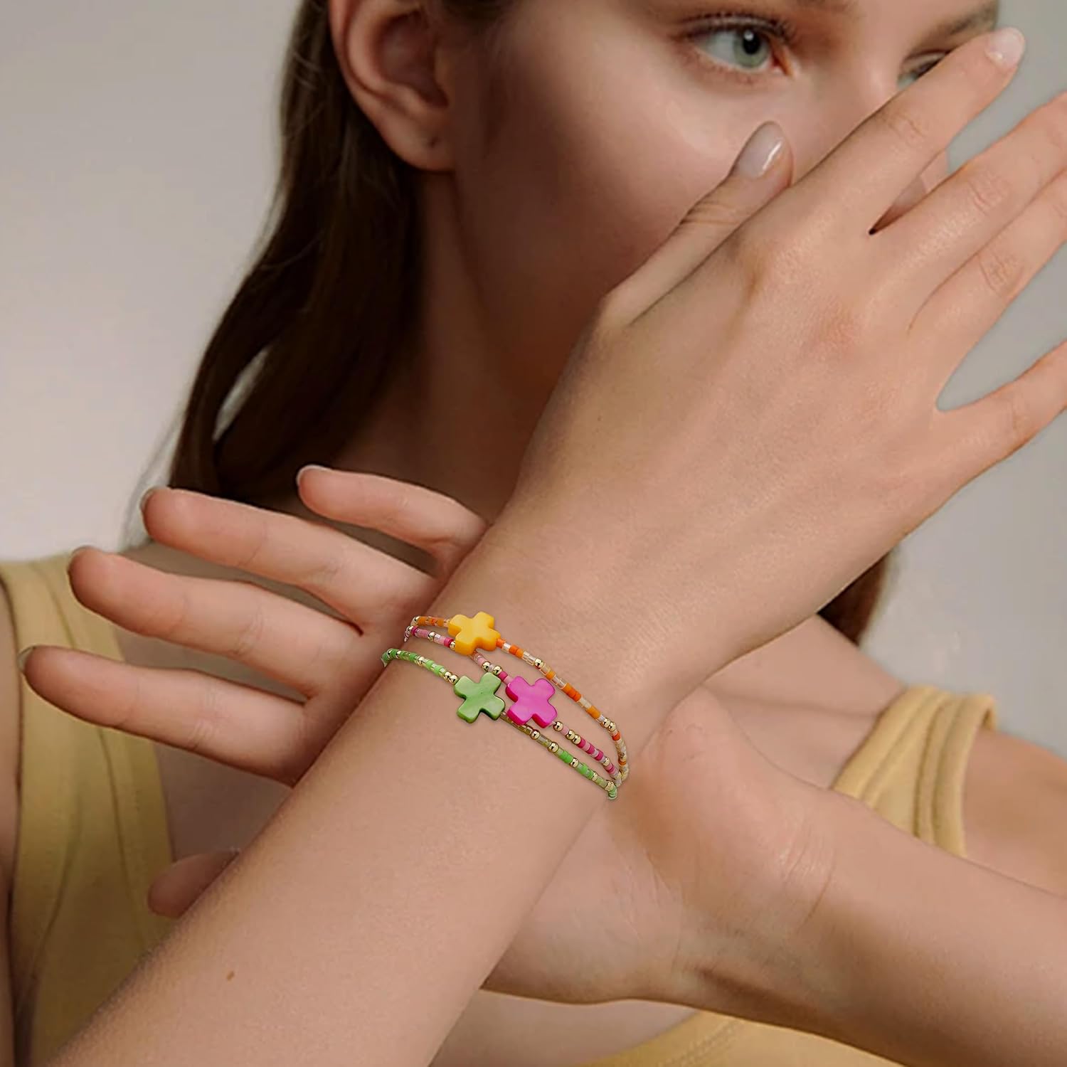 Seed Beads Cross Friendship Bracelets Stack Set for Women, 3Pcs Cute Boho Handmade Pink Green Orange Colorful Stackable Bracelets Summer Beach Jewelry Gift. - Image 2