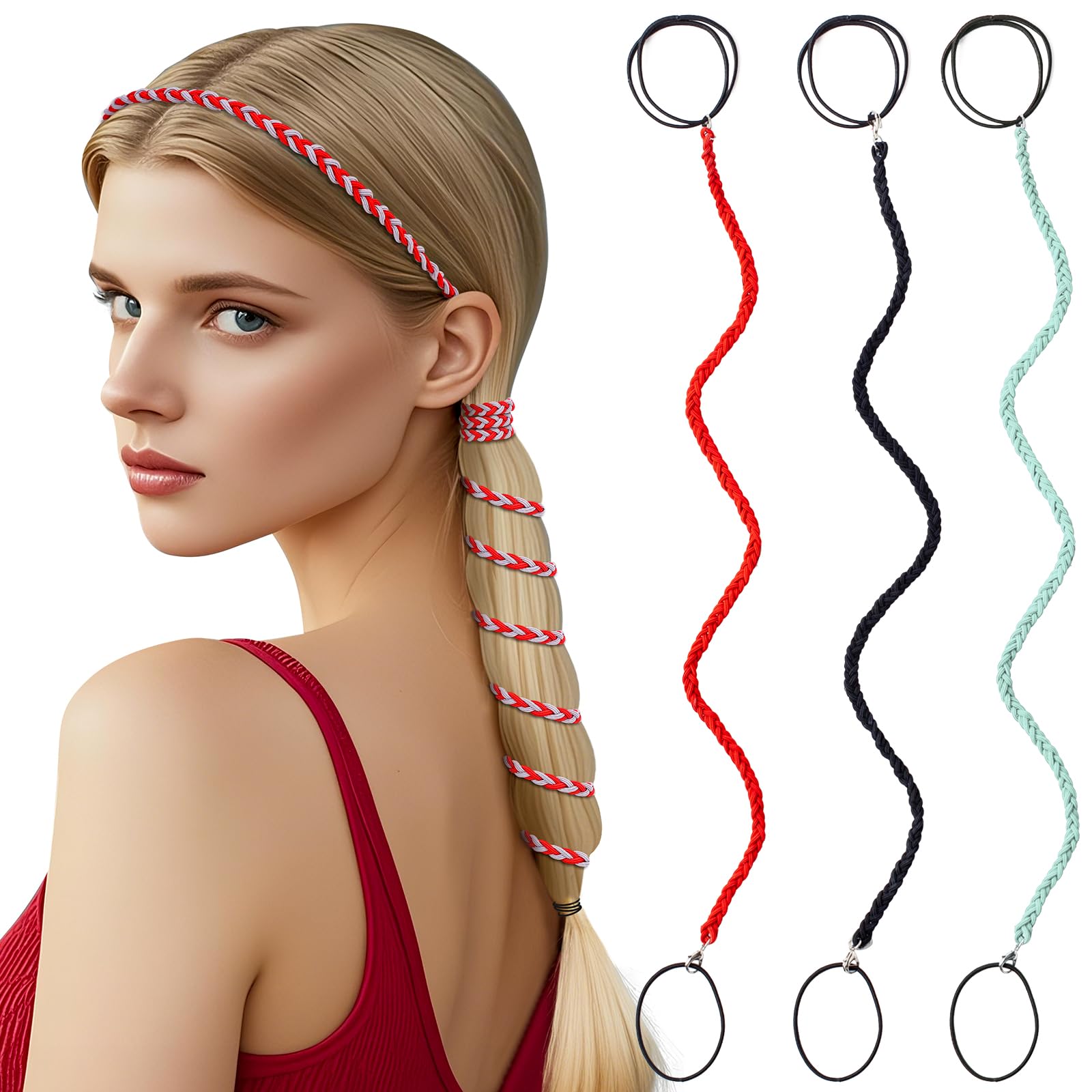 3 Packs Ponytail Holders Hair Ties for Women, Spiral Pony Tails Elastic Braided Hair Holders for Gym Swimming Sports (3pcs16"colorful01)