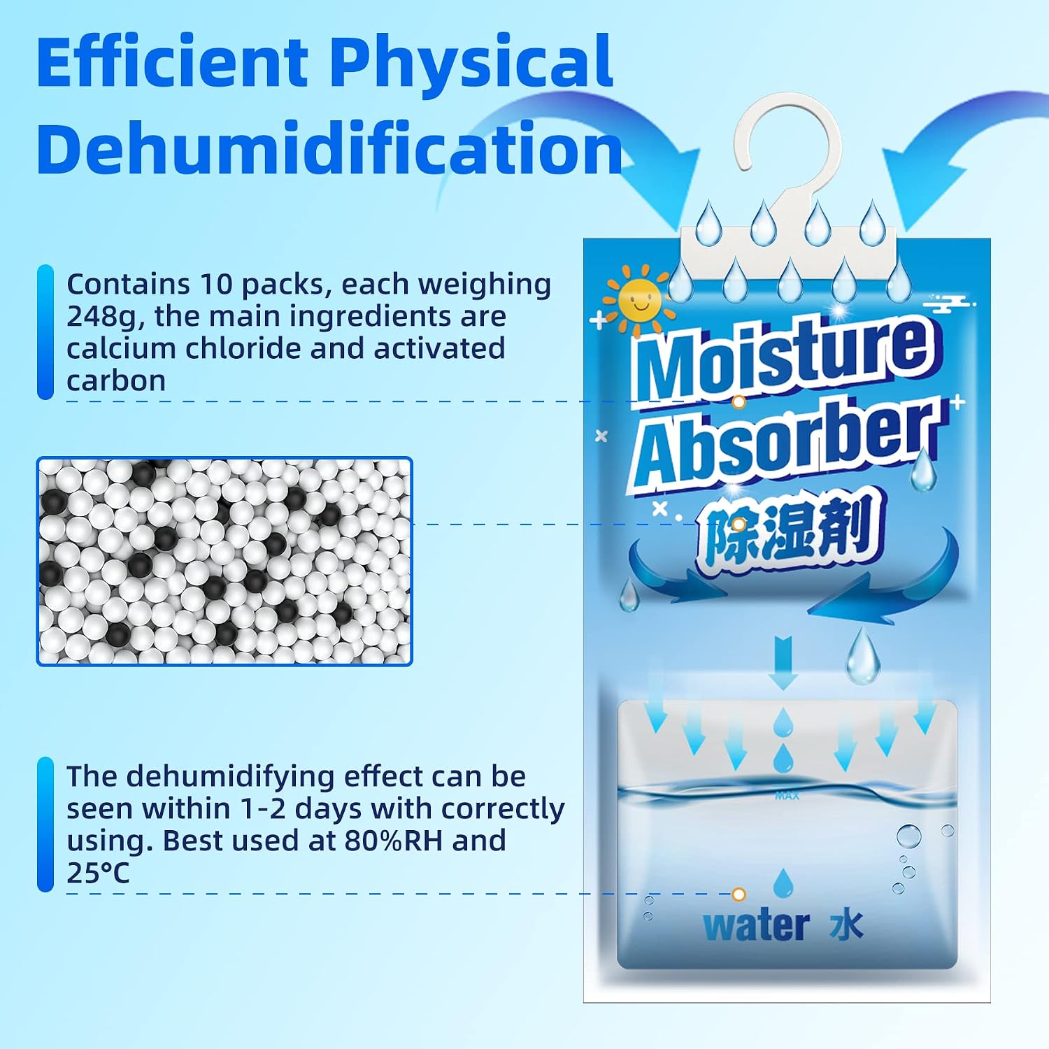 10 Packs x 248 g (2.5 kg) Dehumidifiers Disposable, Moisture Absorber, Hanging Dehumidifier Bags, Wardrobe Dehumidifiers for Cupboards, Bedrooms, Washrooms, Eliminate Unpleasant Odors, 500ml