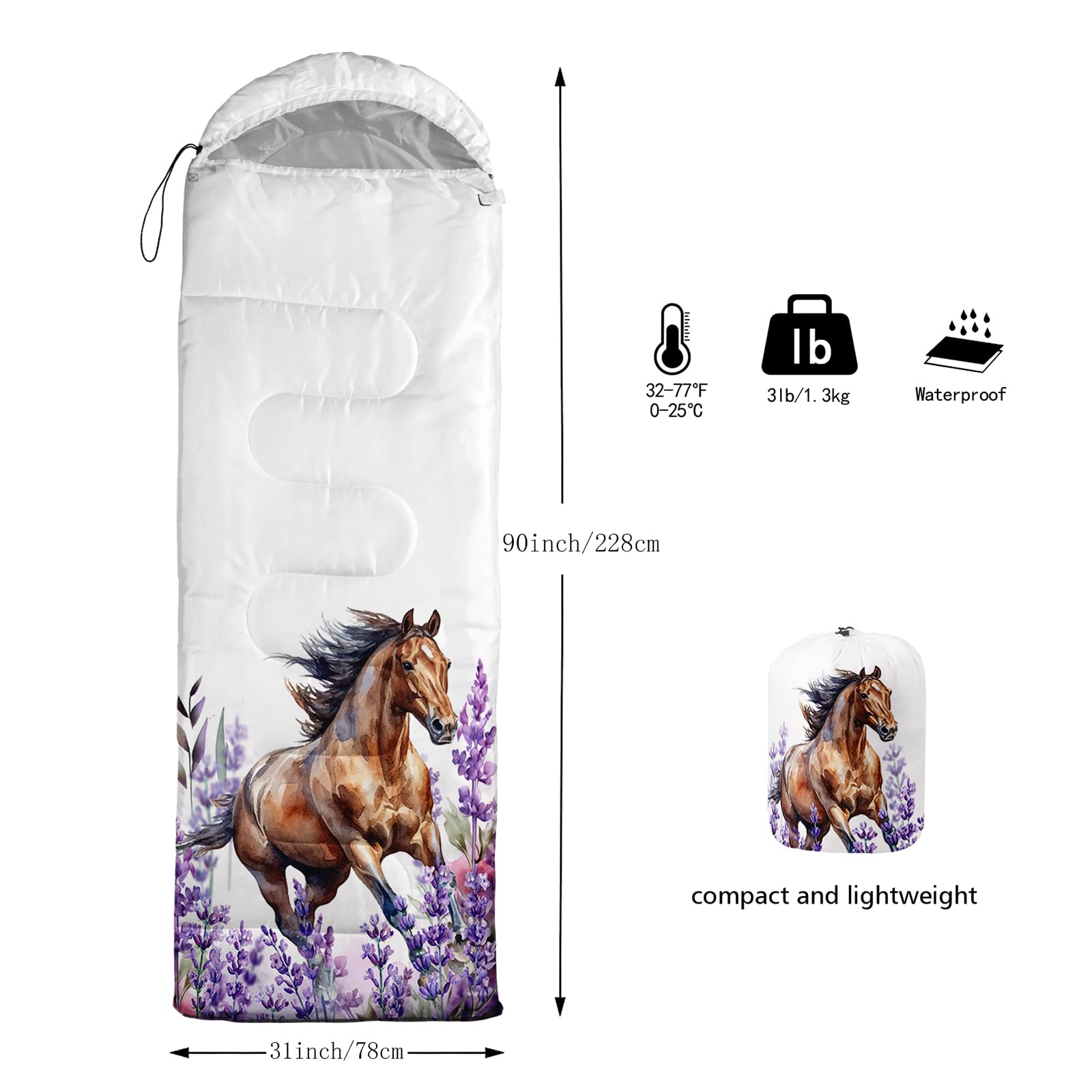 AILONEN Horse Camping Sleeping Bags for Girls Boys Adults Backpacking,Cold Weather & Warm,Lightweight Compact Camping Backpacking for Warm Camping Hiking Outdoor Travel Hunting
