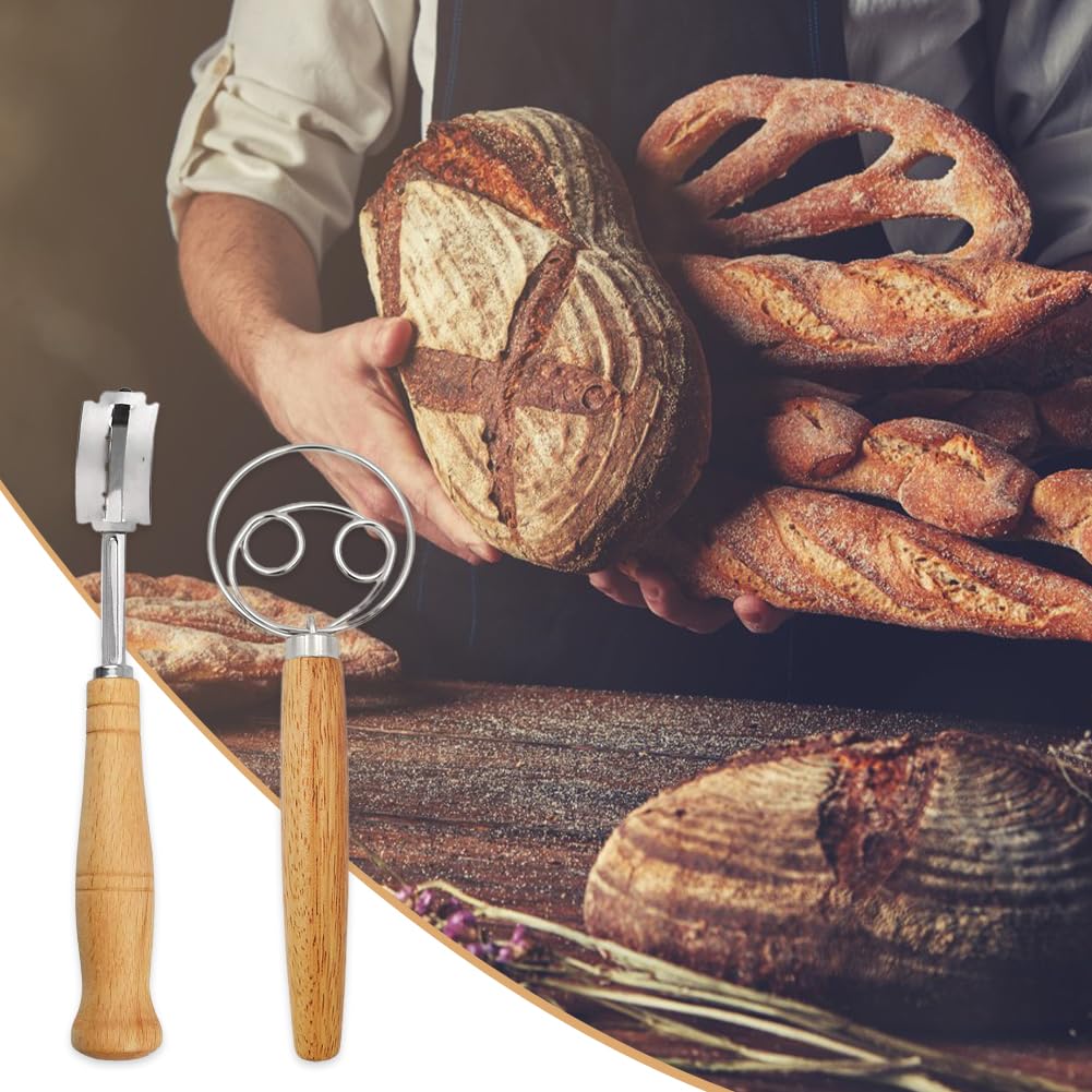 Cuchilla Panadero, Cuchillo para Masa, Cuchillo de Baguette, Mango de Madera Batidora, Batidora Danesa de Masa Manual, Batidora de Masa Manual, Corte de Pan Panaderos, Con 5 Cuchillas, Para Cortar