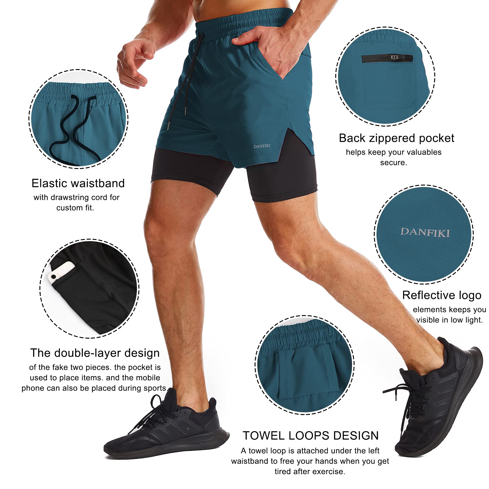 Danfiki Pantaloncini Sportivi da Uomo Running Shorts Asciugatura Rapida con Tasca per Jogging Tennis Fitness Allenamento 2 in 1