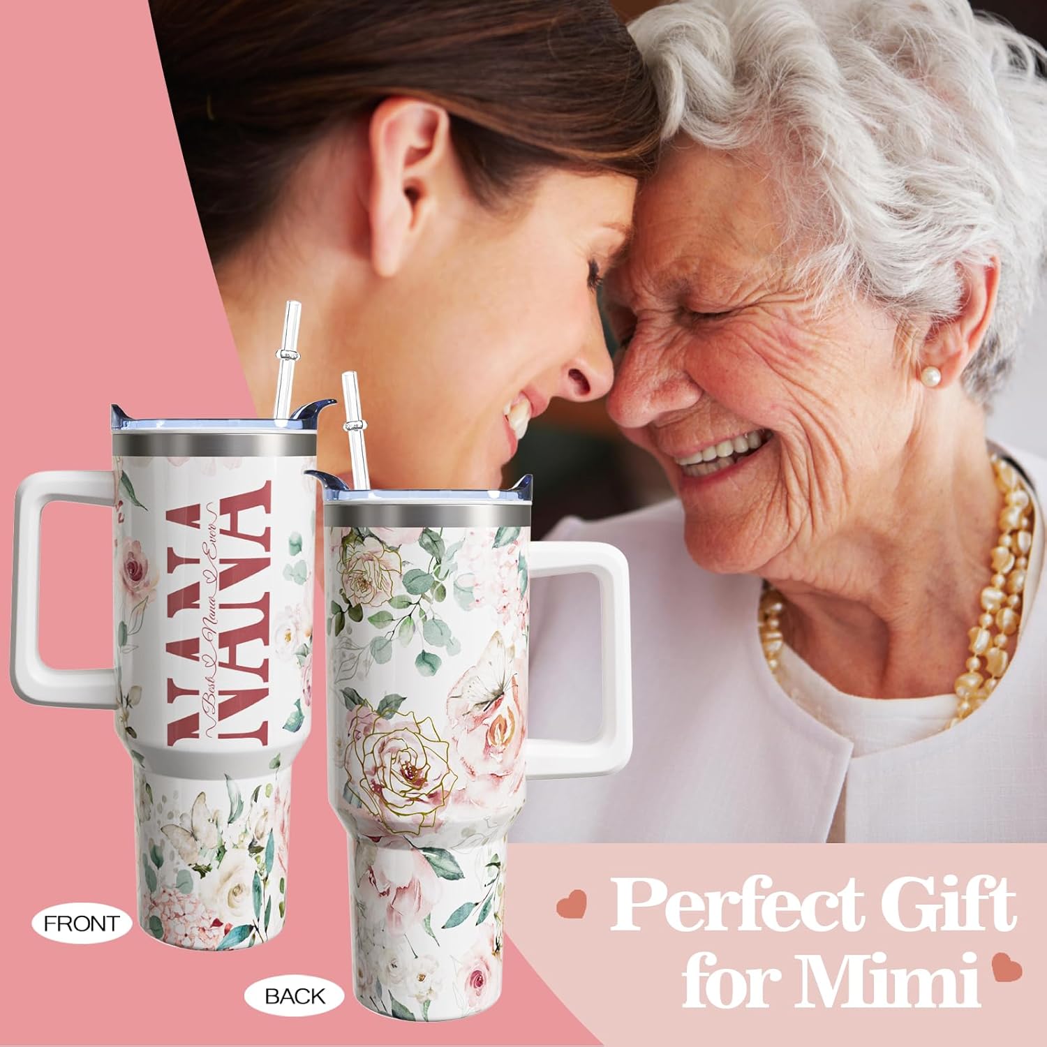 Gifts for Nana Grandmother Gift from Grandson Granddaughter on Birthday Mothers Day&Christmas 40 oz Tumblers with Handle and Straw Stainless Steel Insulated Travel Coffee Cup Mug - Image 2