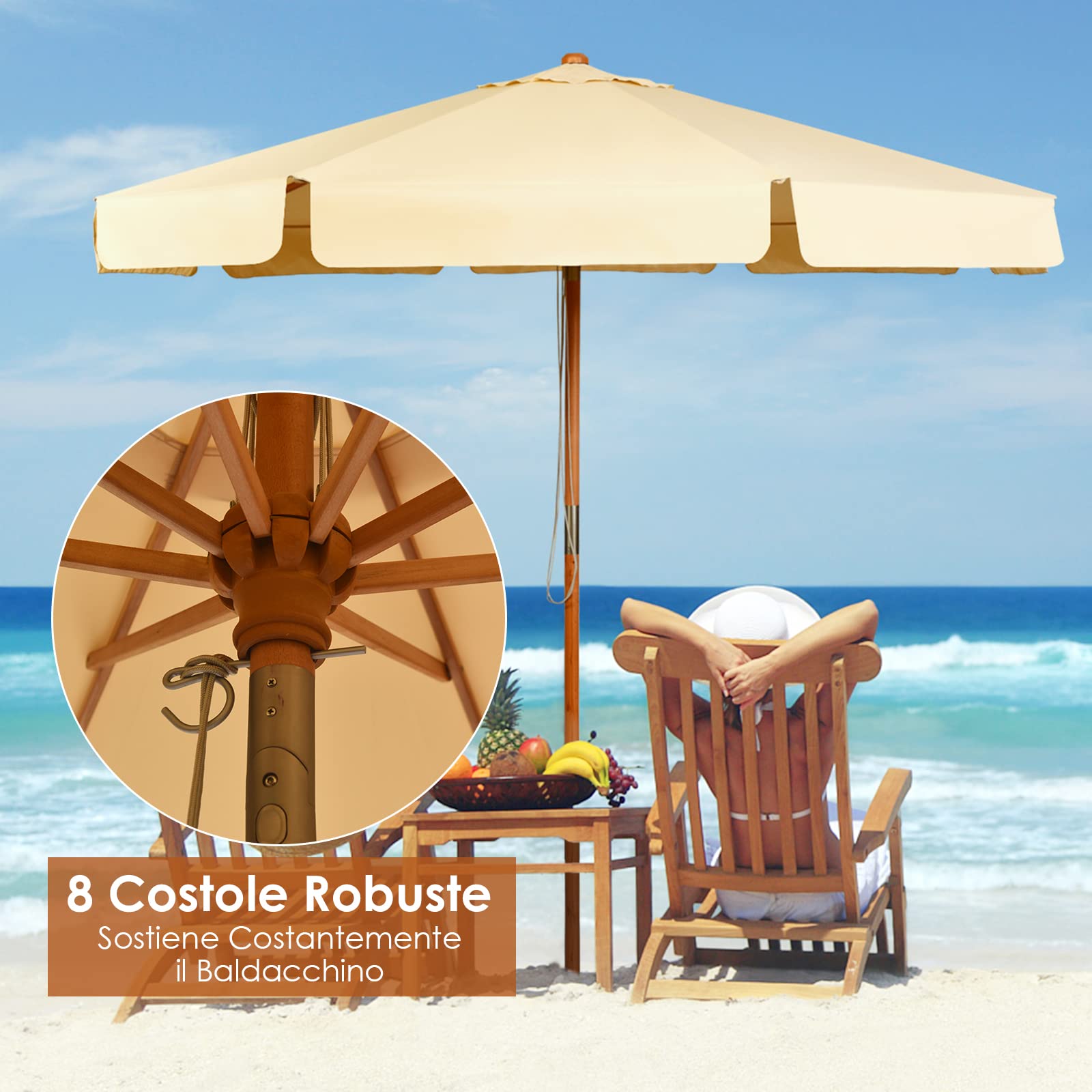 RELAX4LIFE Ombrellone da Giardino 3 x 3 M Rotondo, Ombrellone da Esterno con Tela Impermeabile e Anti-Sole, Struttura in Legno, Altezza e Inclinazione Regolabile (Beige)