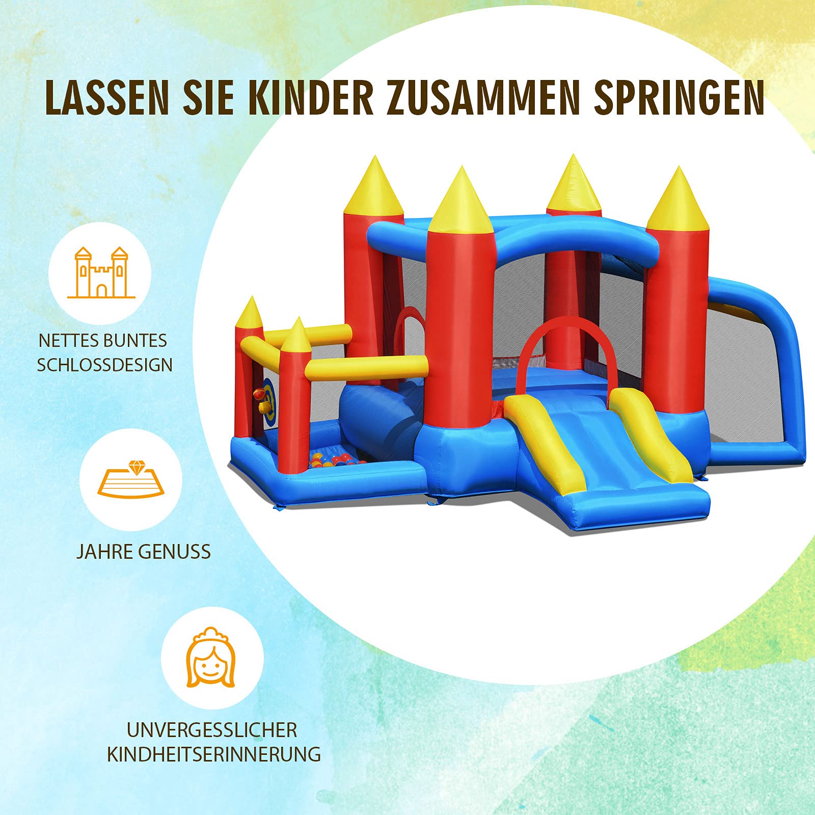 COSTWAY Zamek dmuchany 450 W Springburg zjeżdżalnia 60 piłek oceanicznych bramka piłkarska 350x275x196 cm