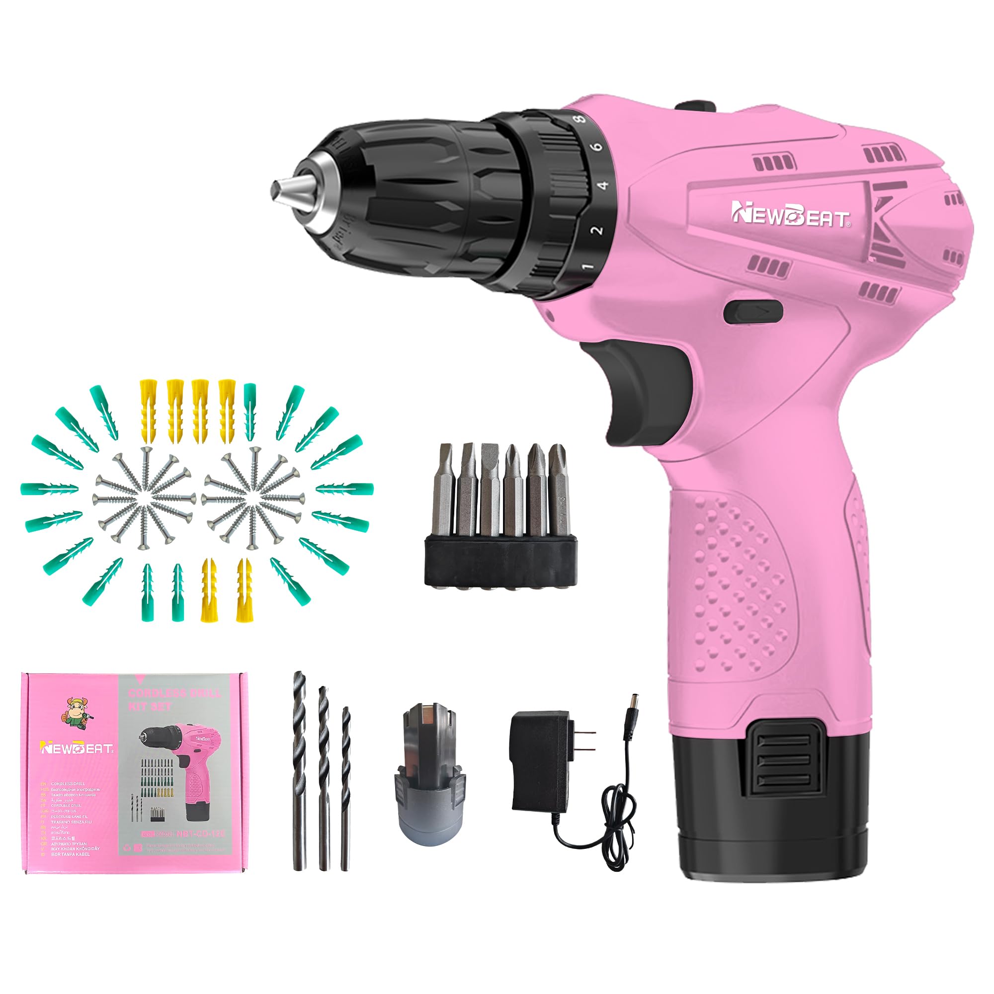 Amazon.com: NEWBEAT 12V Cordless Drill Set with 2 Battery, Pink