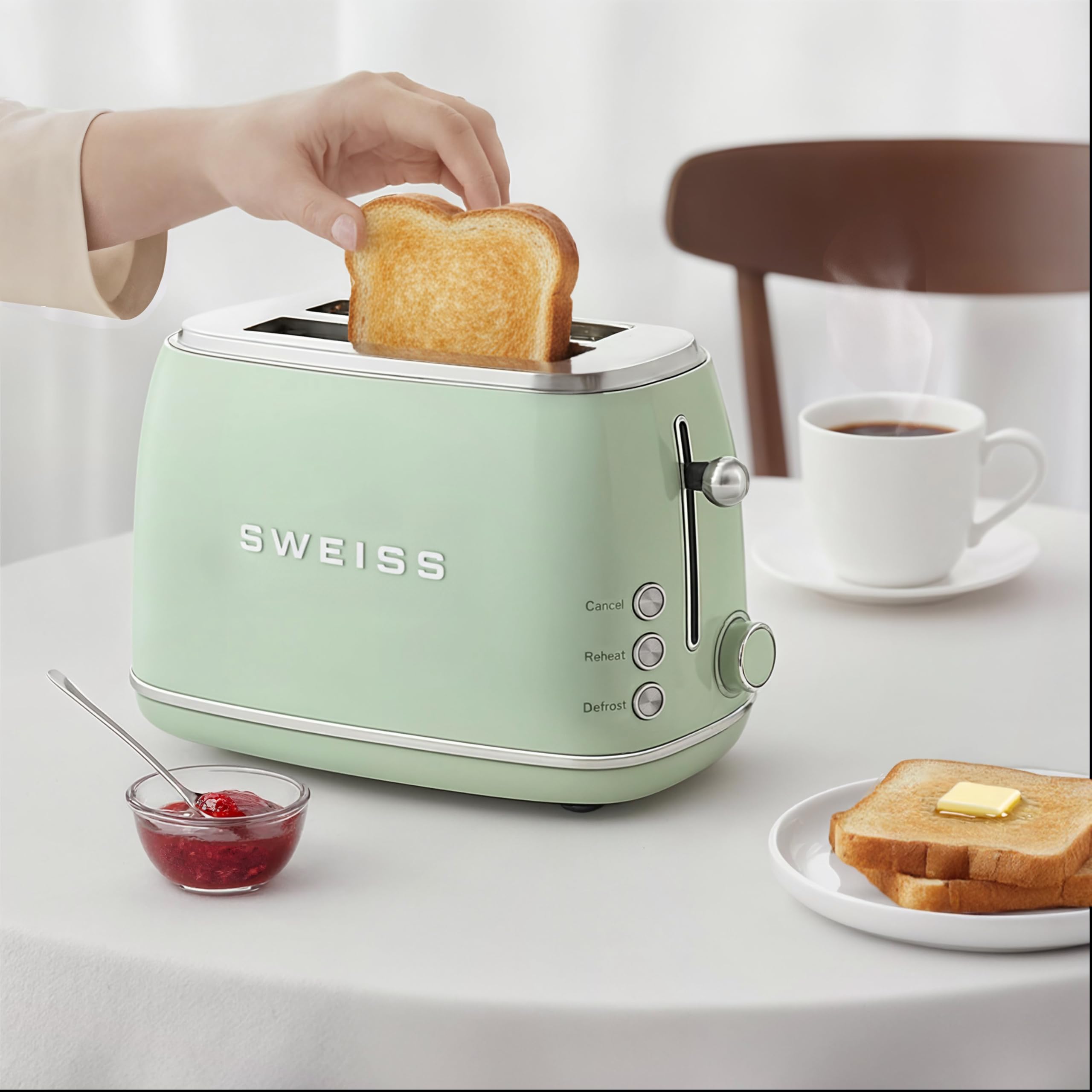 SWEISS GRS7, tostapane vintage, 2 fessure, 6 livelli di potenza, 850 W, rapido e pratico, facile da pulire, cassetto raccogli briciole, speciale baguette, scongelamento, verde