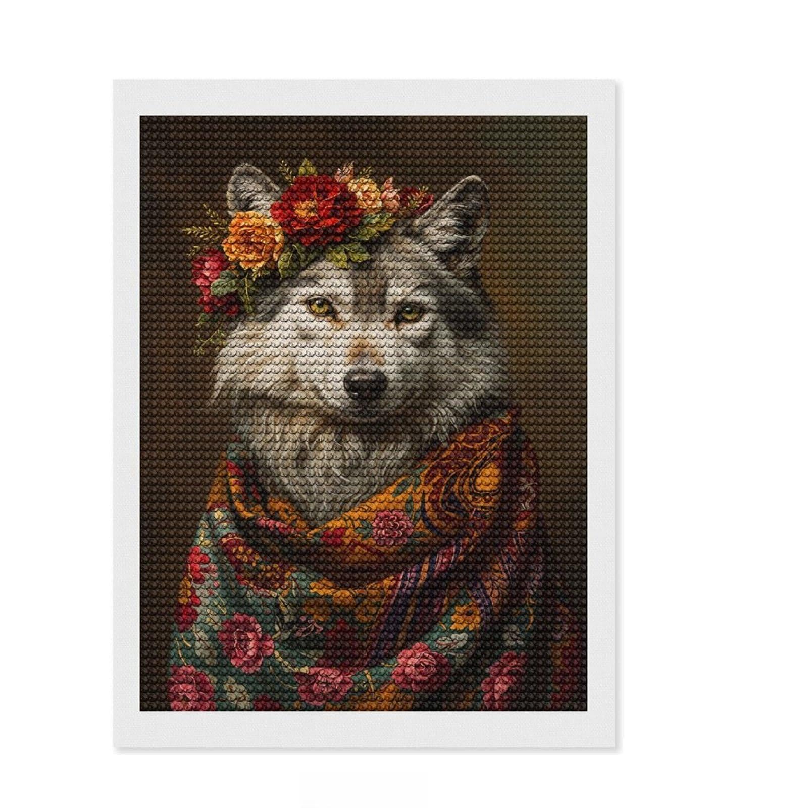 Junmoney Wolf with Flowers Diamond Painting Canvas Kit 12"x16", Christmas Gift, for Women, with Tool Kit, Relaxing Handmade Project
