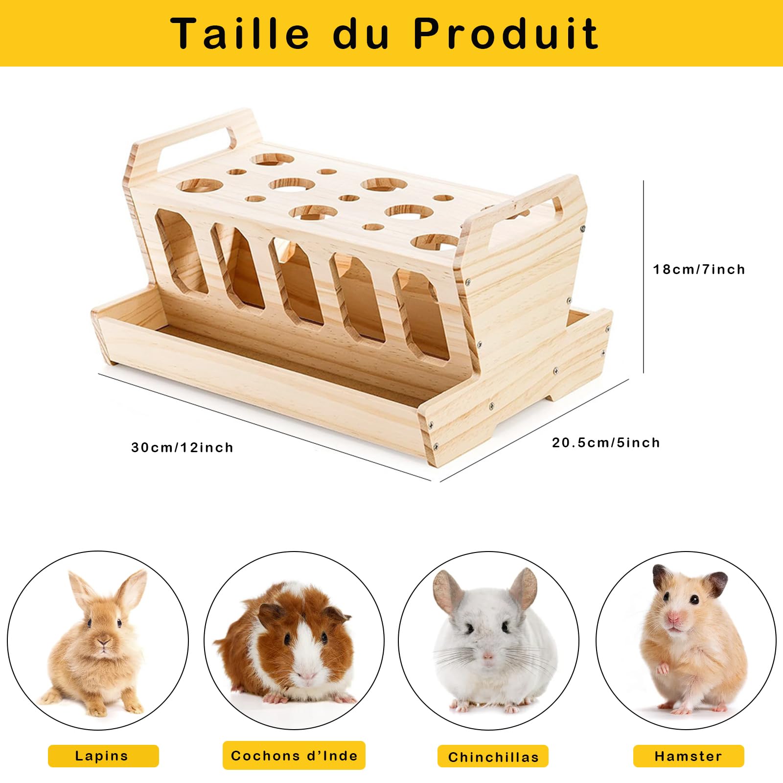 Râtelier à Foin pour Rongeurs, Distributeur en Bois Naturel Non Traité 30x22x18 cm pour Lapins et Cochons d'Inde