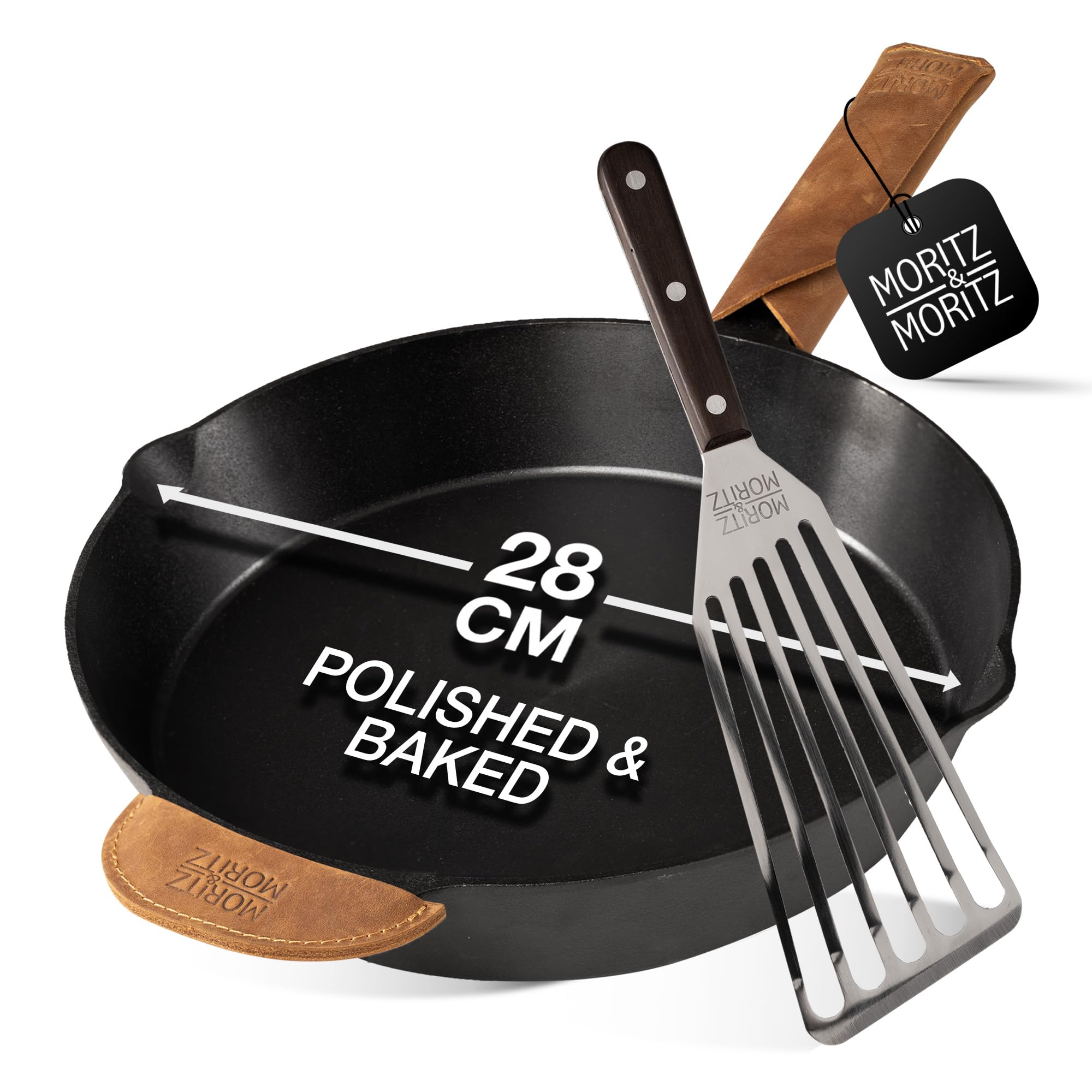 Moritz & Moritz 11 inch Cast Iron Skillet – Pre-Seasoned Non-Stick Frying Pan for Induction, Gas & Oven – Heavy-Duty Cast Iron with Metal Spatula & Leather Grip – Ideal for Grilling, Searing & Baking