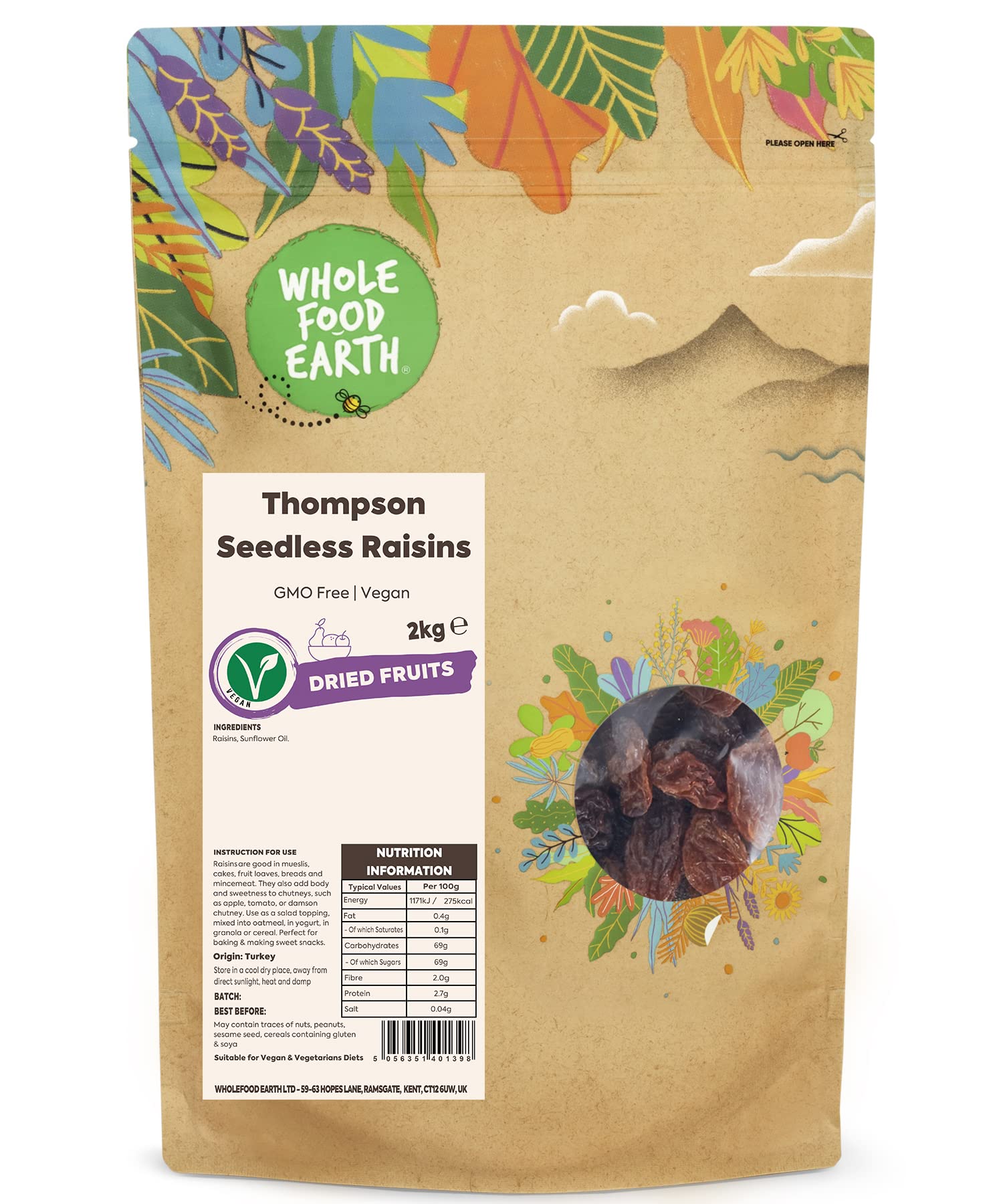 Wholefood Earth Thompson Seedless Raisins 2 kg | GMO Free |