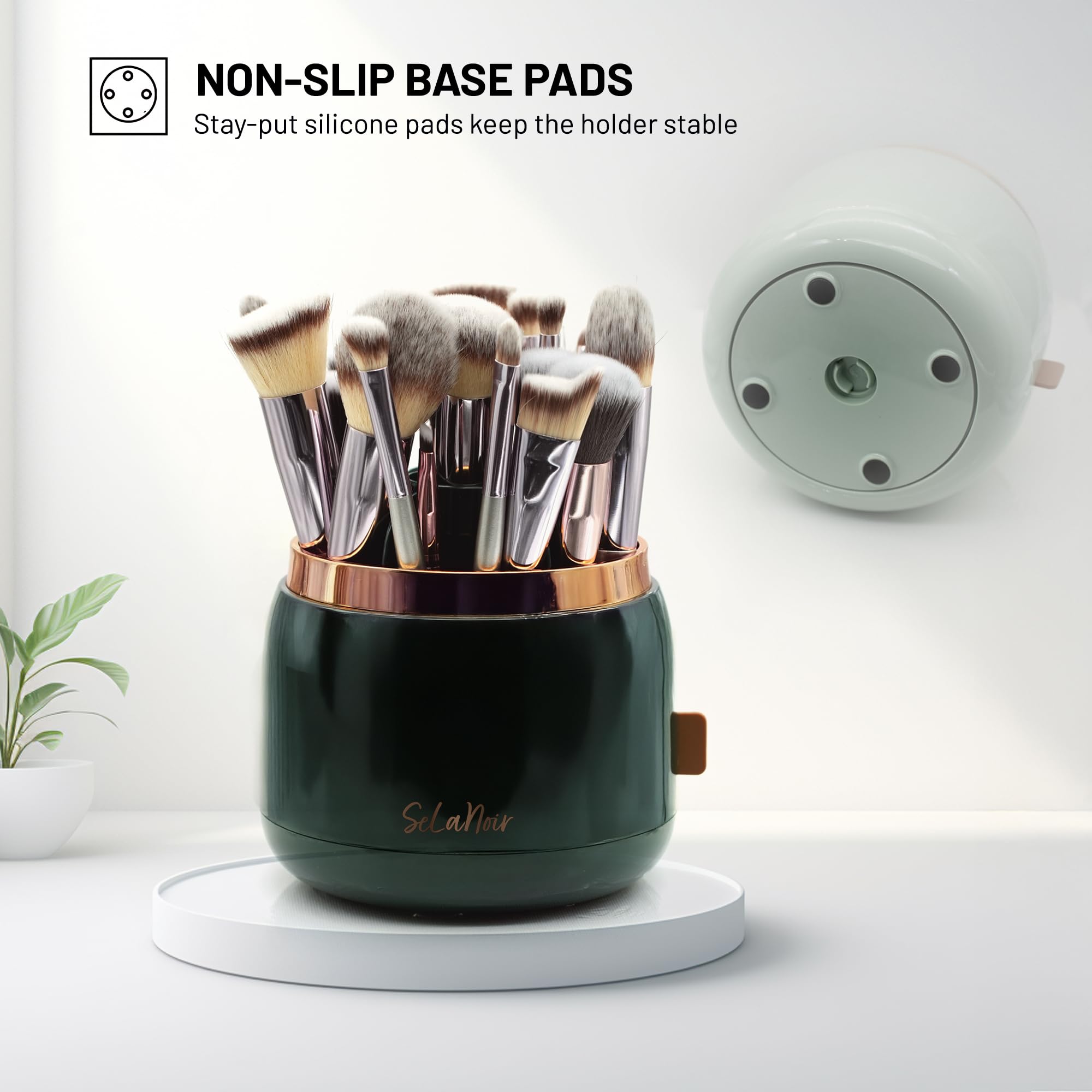 SeLaNoir Rotating Makeup Brush Holder with Lid and Brush Cleaner Bowl