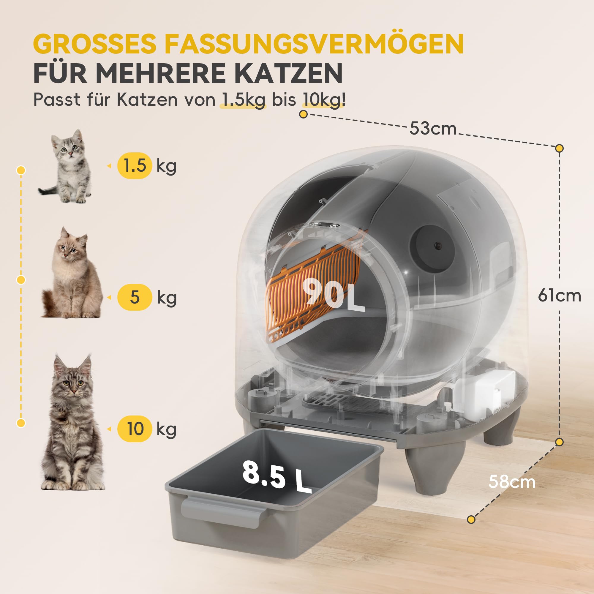 JUMMICO Selbstreinigende Katzentoilette, 90 Liter,XXL katzenklo selbstreinigend, APP-gesteuert, Desodoriert, Mit Katzenstreu Matte, Geeignet für mehrere Katzen selbstreinigende katzentoilette