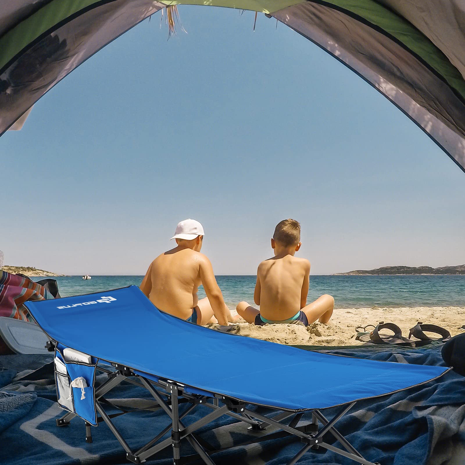 GOPLUS Lit de Camping Pliable 1 Personne avec Appuie-tête Incliné, lit de Voyage Portable avec Poche Latérale & Sac de Transport, Charge 272 KG, pour Camping, Randonnée, Pêche, 190X70X54 CM