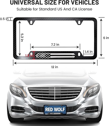 Miniatura 6 de RED WOLF Marco de placa de matrícula de fibra de carbono, aleación de aluminio, cubierta de placa de matrícula de automóvil con bandera
