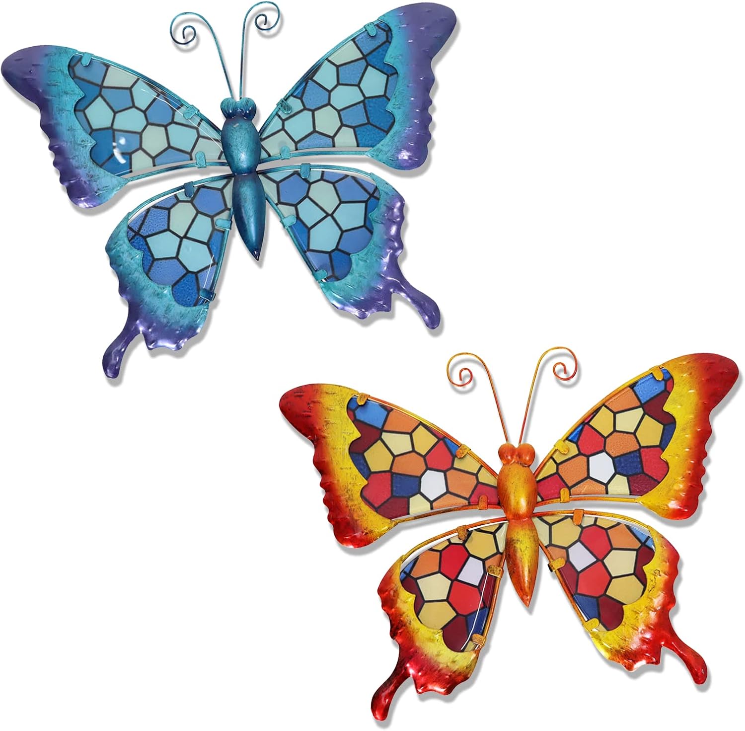 HONGLAND Mosaic Butterfly Wall Art 12 Inch Metal Wall Decor Hanging Glass Wall Sculpture for Home Garden-2 Pcs