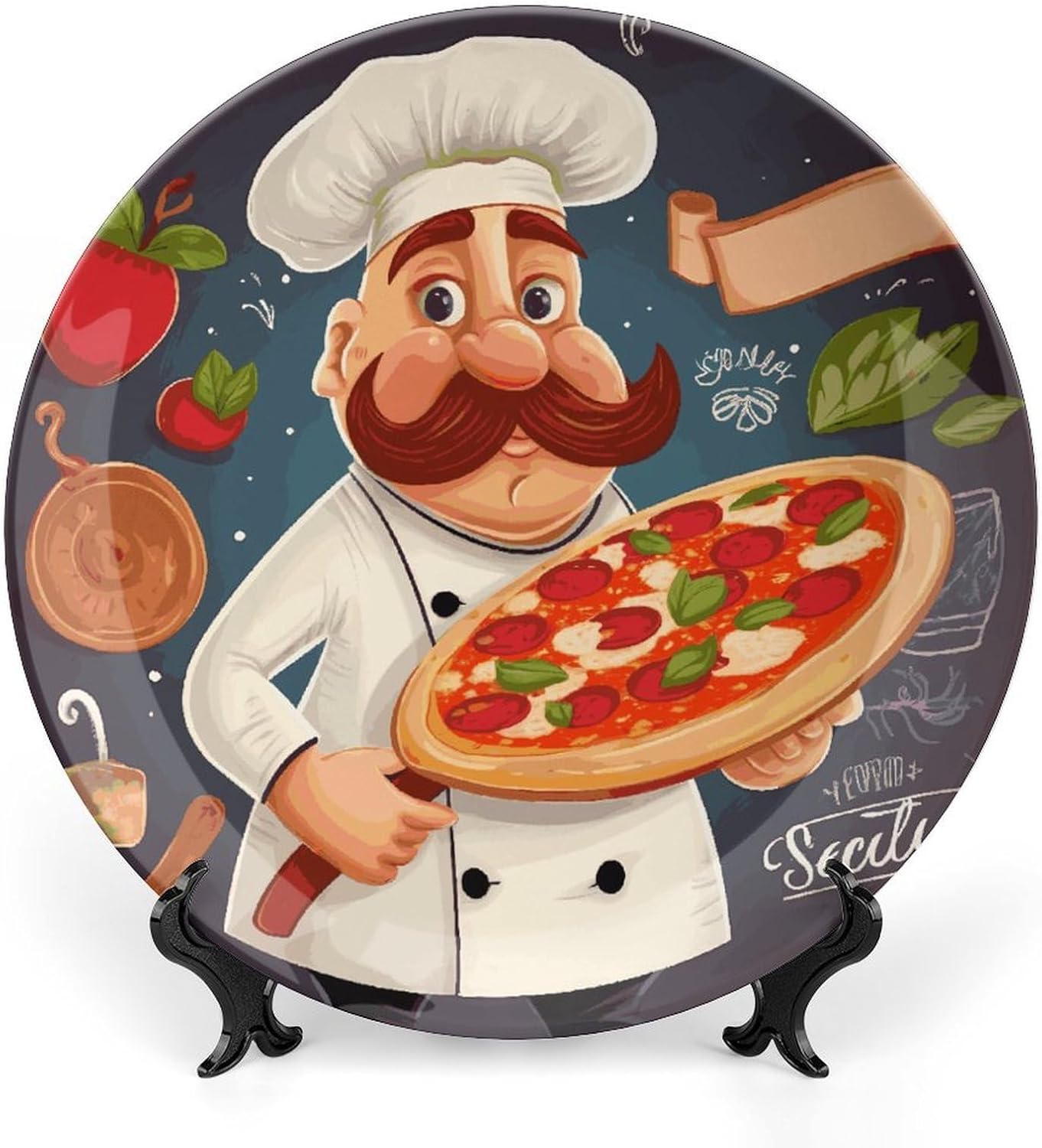 Chef Pizza Ceramic Plate 10inch Decorative Bone China Wall Hanging Ornament Plates Bohemian Style Dinner Plate with Display Stand Cabinet Display Plates for Home Art Decor