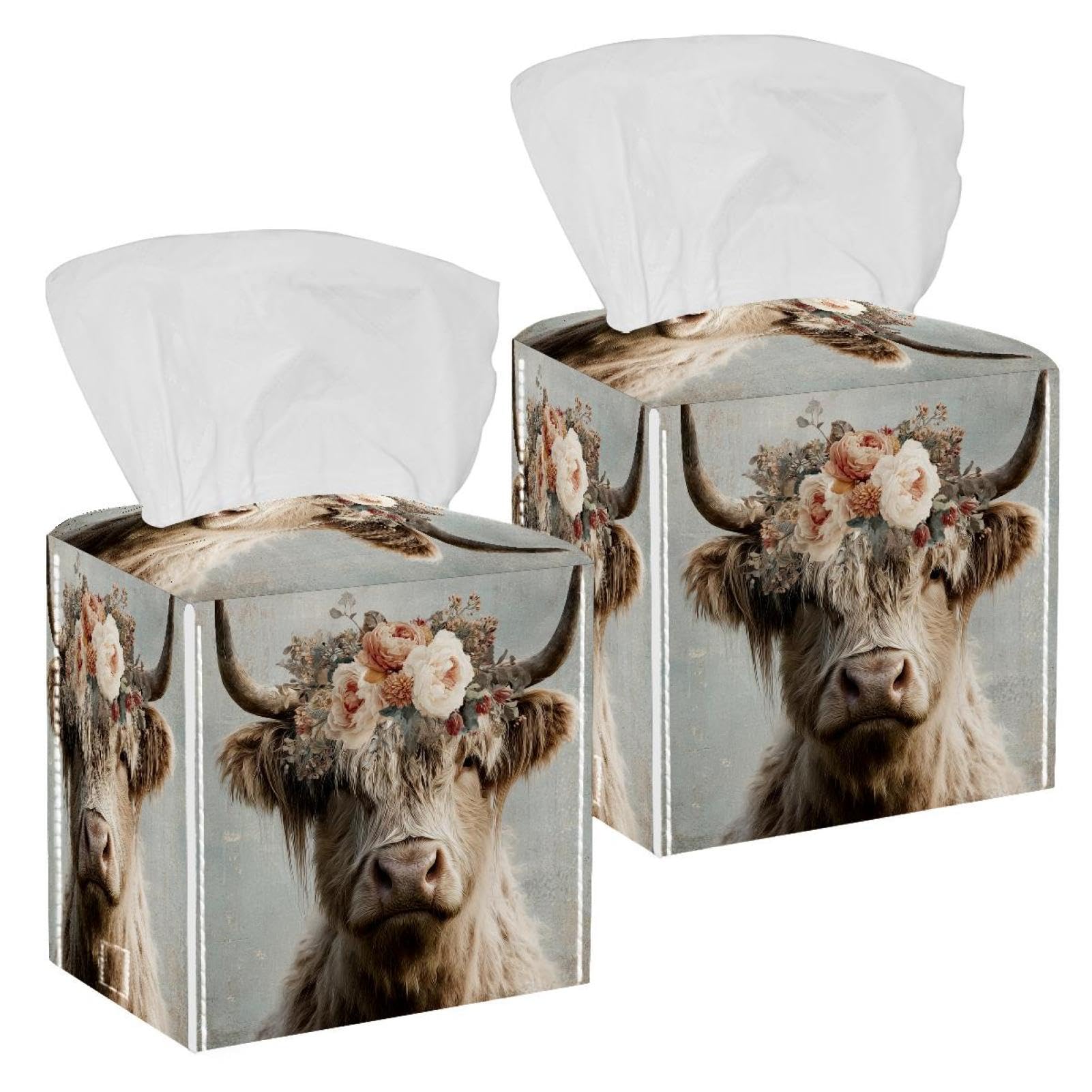 Highland Cow Tissue Box Cover, 2 Pack PU Leather Square Facial Tissue Dispenser Box holder for Home Office Car