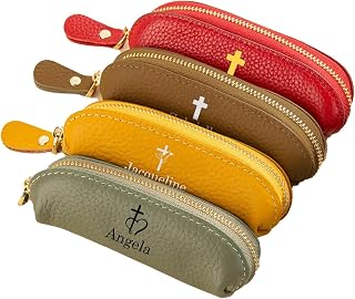 Personalized Rosary Pouch with Zipper – Catholic Prayer Bead Holder for Travel | Custom Name & Cross Design Leather Case for Men & Women