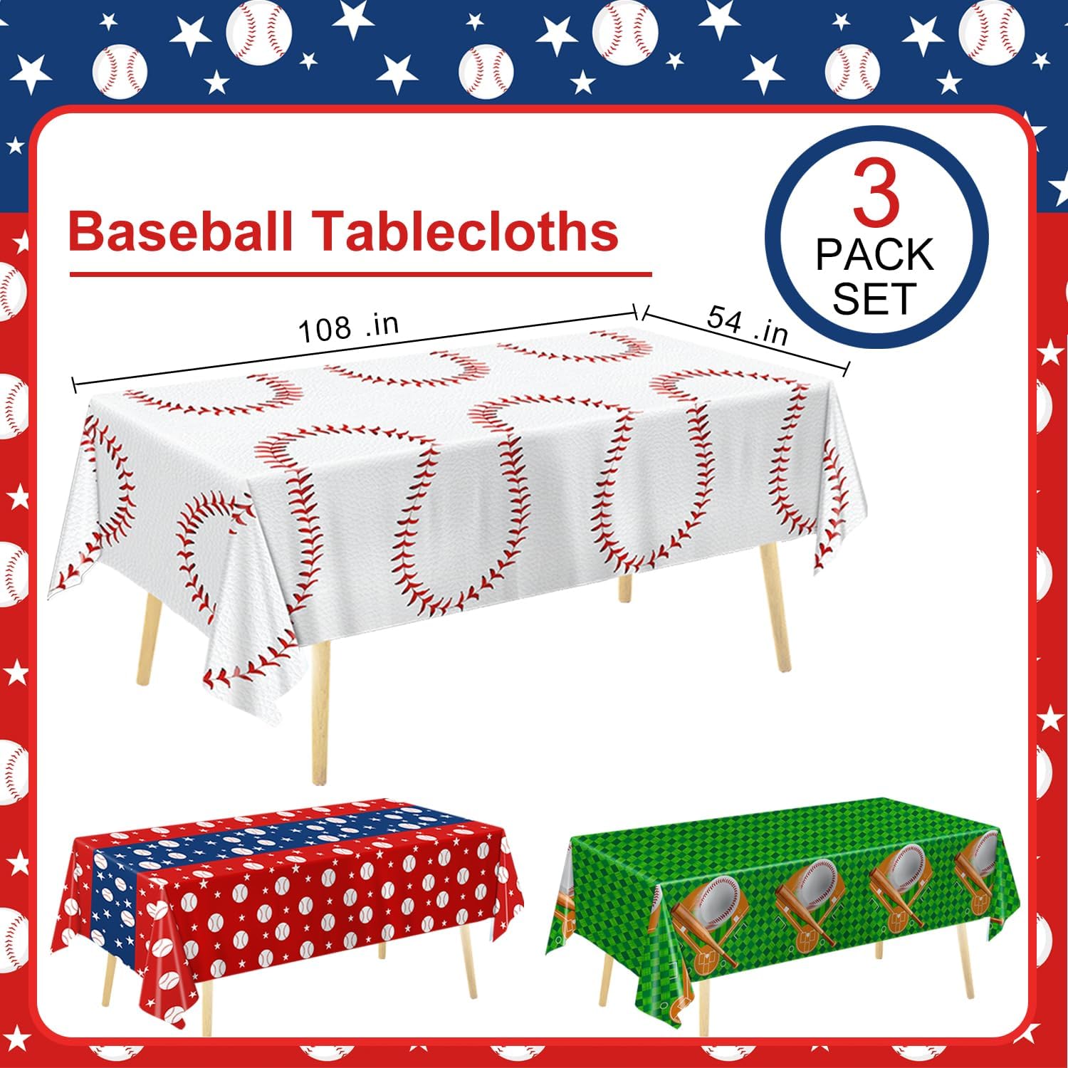 Oigco Baseball Party Decorations 3-Pack Baseball Tablecloth Disposable Plastic Table Cover for Sports Games Birthday Parties, 54 x 108 Inch image 2