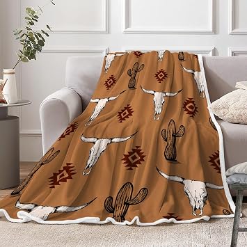 Western Boho Brown Throw Blanket, Bohemian Geometric Southwestern Bull Skull Warm and Cozy Fleece Throw Blanket for Bed, Couch, Native Aztec Tribal Cactus Farmhouse Travel Camping Blanket, 60X70in