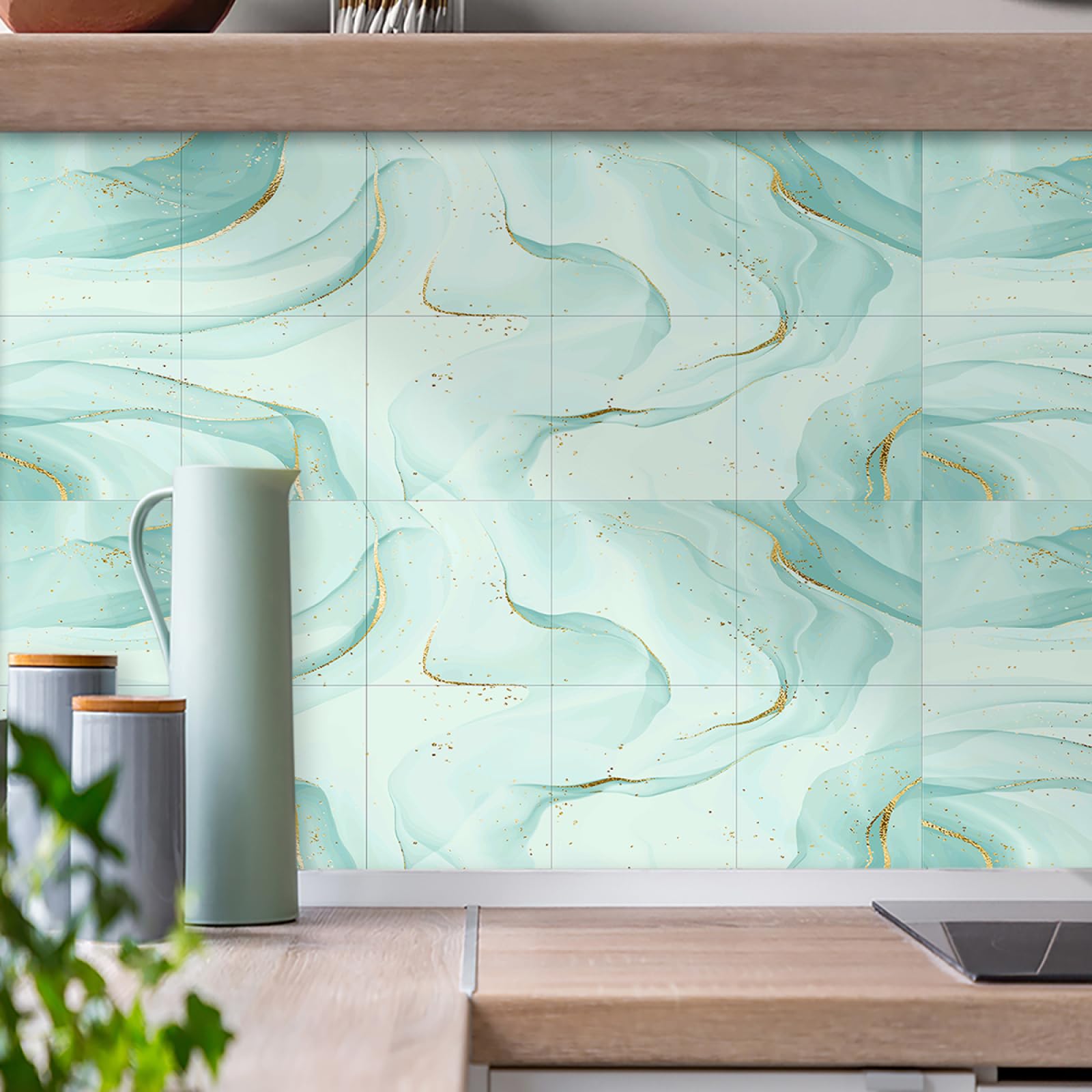 Kitchen Tile Stickers 15cm x 15cm Mint Green Stick on Tiles Tile Stickers for Bathroom Stick on Wall Tiles Backsplash for Kitchen Stick on Tiles Self-Adhesive Vinyl Home Decoration （10 Pieces）