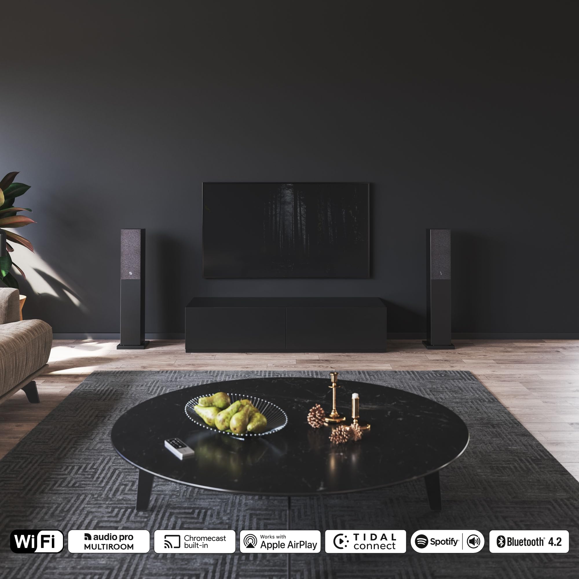 Audio Pro Coppia di Casse Stereo Wireless Multiroom da Pavimento con WiFi, AirPlay2, Google Cast, Spotify Connect, Bluetooth e HiFi - 2 Potenti Altoparlanti per Musica e Audio TV A38 - Nero