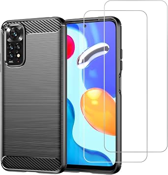 for Xiaomi Redmi Note 11 Case Note 11S Case with Screen Protector Tempered Glass Lightweight Shock Absorbing Resilient TPU Phone Cover Anti Impact Scratch Resistant Carbon Fiber Black