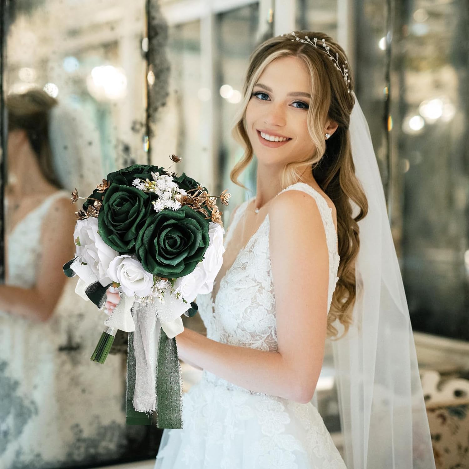 Wedding Bouquet for Bride - Premade Simple Artificial Roses Flowers for Bridal Shower Destination Ceremony Anniversary Decorations - Emerald Green & Gold & White