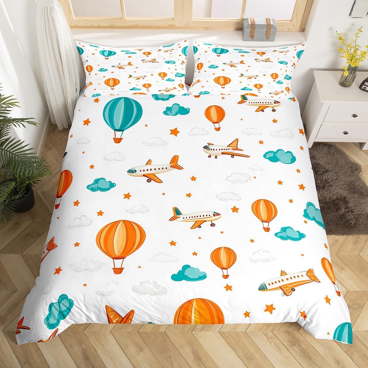 Erosebridal Kids Airplane Bedding Sets for Boys Girls Travel Decor Duvet Cover Toddler Size Cute Cartoon Aircraft Comforter Cover Hot Air Balloon Print Bedspread Cover Colorful Airplane Beddings