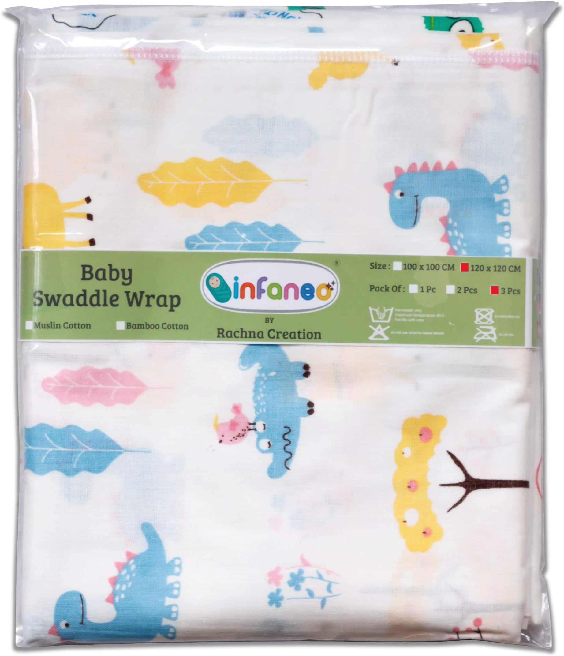 Rachna All Season Organic Muslin Cotton Swaddle Wrap for New Born | Super Soft Breathable Printed Baby Wrapping Cloth - 18401 - White - 120 x 120 Centimetres - Pack of 3 (Prints May Vary)