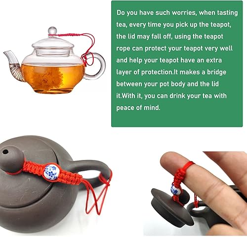 Miniatura 4 de Paquete de 6 teteras con tapa para colgar, cuerda de amarre tejida a mano que no se cae, cubierta superior, cordón para tetera de hierro fundido,