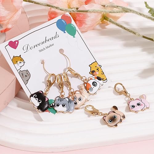 Miniatura 2 de DoreenBeads 7 marcadores de punto de gato para ganchillo y tejer, esmalte de aleación de bloqueo, lindo marcador de punto de ganchillo con cierre de