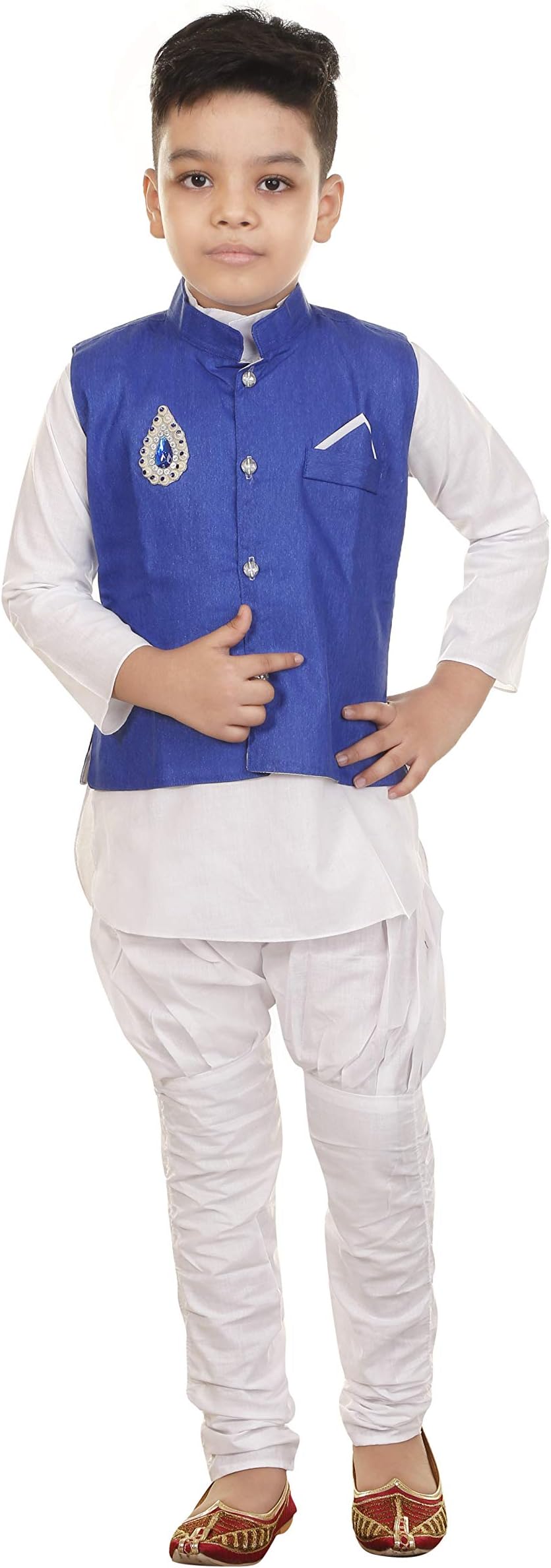 NAVRAJ Dresses Kurta Pajama Boys Dress with Waistcoat - White and Blue