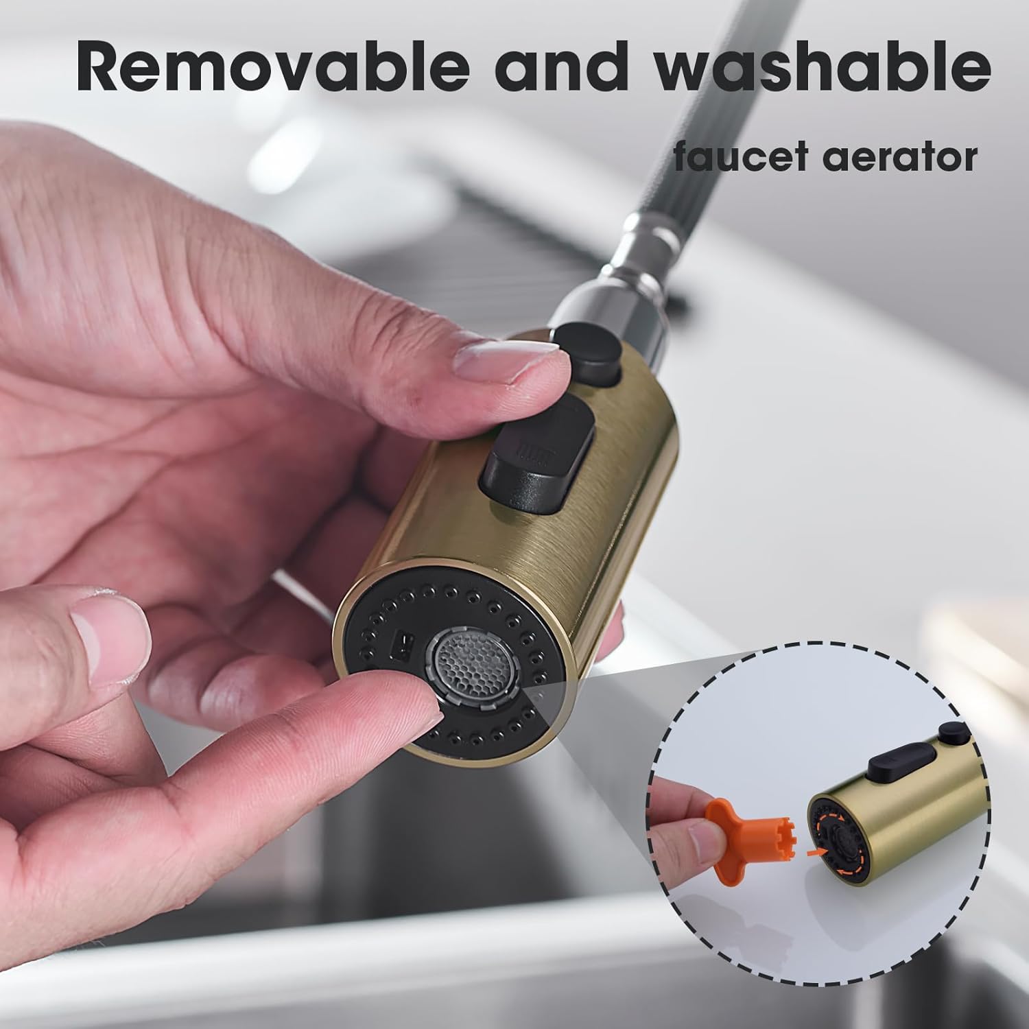 Pull Down Kitchen Faucet Sprayer Head Replacement, 3 Function Kitchen Sink Spary Head Nozzle, Pull Out Kitchen Tap Spray Spout Part Connector with 9 Adapters, Brushed Gold