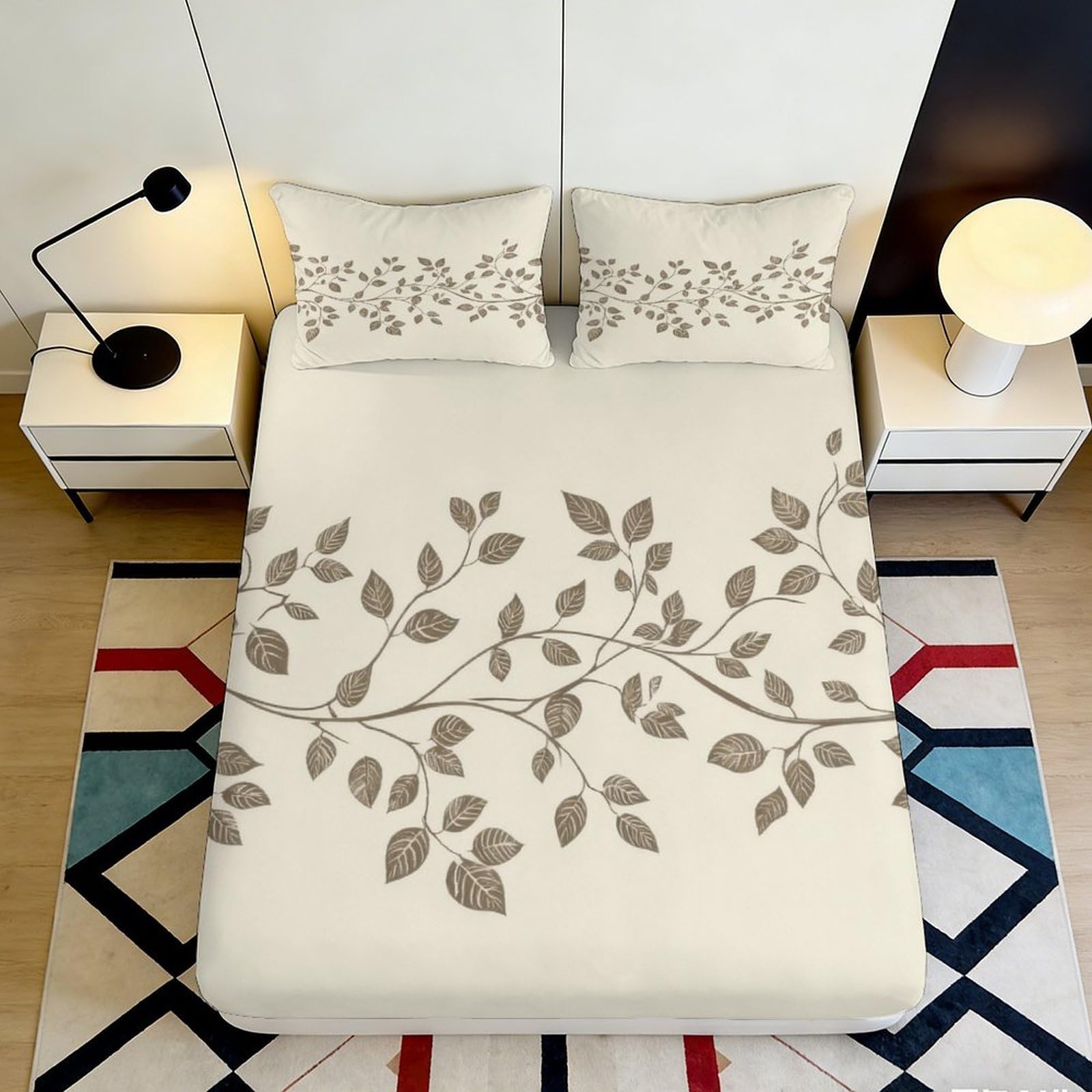 3D Printed Beige Leaf Pattern Fitted Sheet Microfiber Soft Breathable Branch Mattress Cover for Bedroom Dormitory Guest Room Mattress Protection Decor 140x200x25cm
