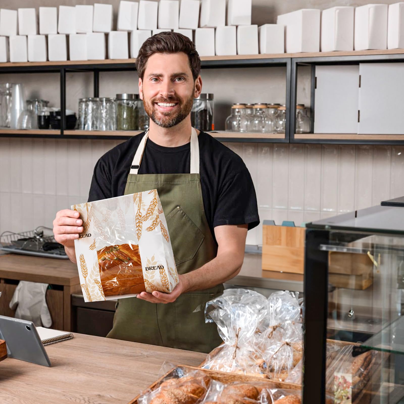 Paquete de 100 bolsas de papel para pan con ventana transparente, 10 x 14 x 4 pulgadas, bolsa de pan casera con calcomanías, bolsas grandes de panadería, bolsa de almacenamiento de pan de masa