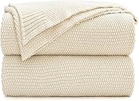 LongHuiBedding 100% Cotton Cable Knit Throw Blanket 50x60 - Cozy Beige for Couch Sofa Bed, Decorative with Laundry Bag