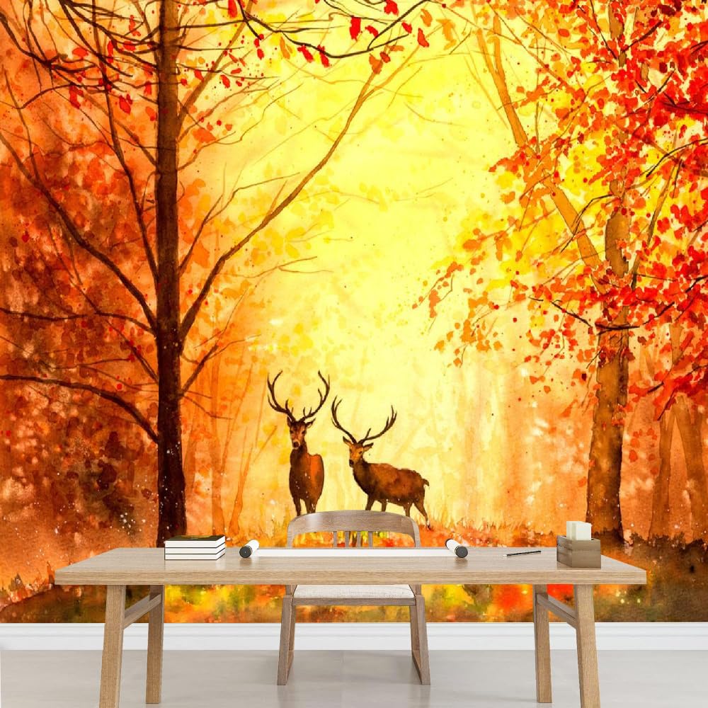 Mural de pared Animal Ciervo Papel pintado fotográfico grande Otoño Del Bosque Vinilos murales impermeables para dormitorio infantil guardería decoración de fiesta 200x140cm