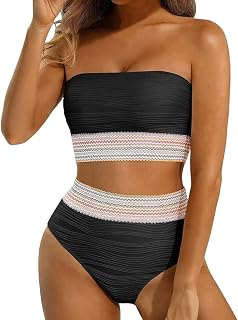2025 Bikini Mujer Conjunto Traje de Baño Traje de Baño Verano Bandeau Bikini Conjunto de Bikini de Cintura Alta para Mujer sin Tirantes de Dos Piezas Traje de Baño Largo Acanalado Cobertura Completa