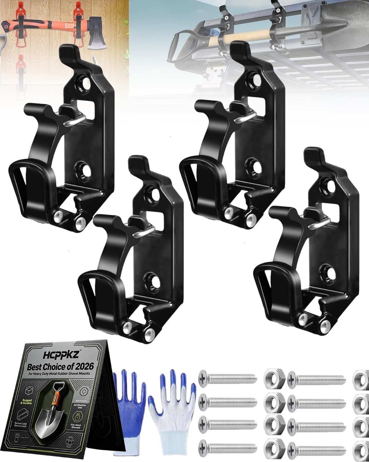 Heavy Duty Metal Rubber Shovel Mount Kit, Truck Roof Rack Axe Holder Quick Release Tool Clamps, Secure Locking Zinc Alloy Shovel Bracket for Off-Road Suv Bed Wall Mount Garage Organizer(Black,4PCS)