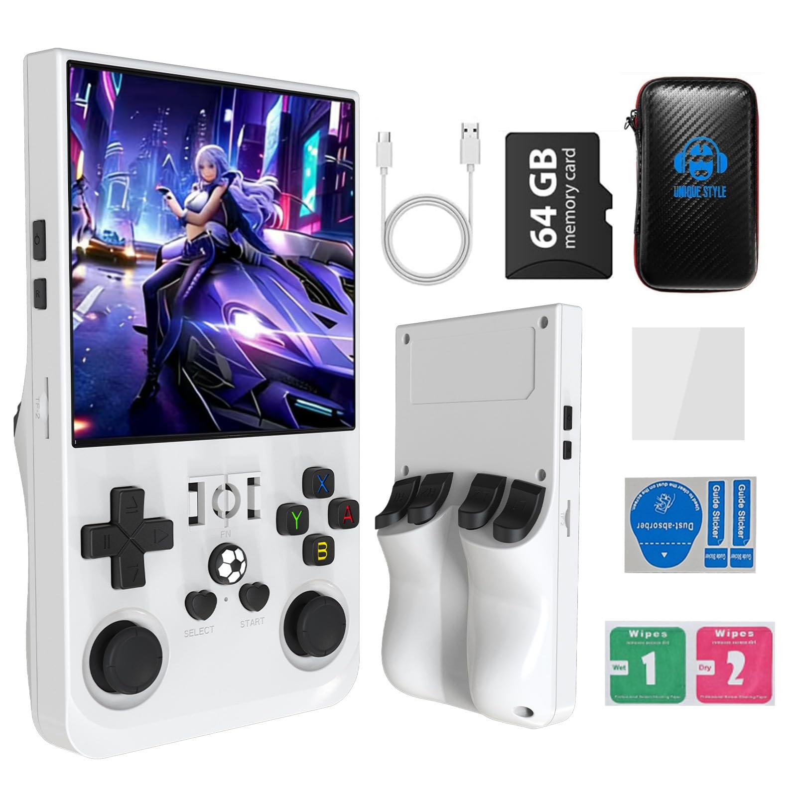 R36MAX - Console di gioco retrò, portatile, ricaricabile, portatile, 4000 mAh, comoda, antiscivolo, con auto TF 64G, schermo da 4", per ufficio, bianco