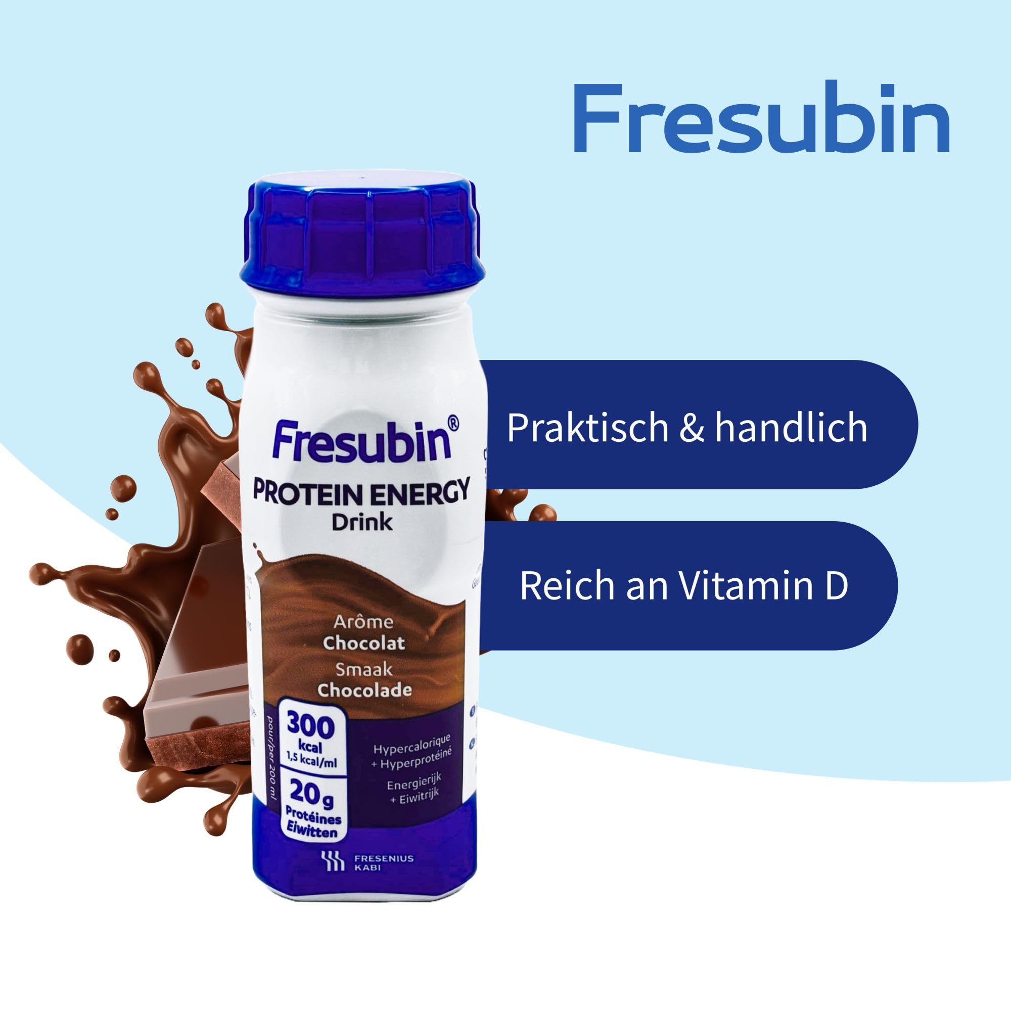 Fresubin PROTEIN ENERGY Drink Schokolade 24x200ml- Hochkalorische Trinknahrung mit 20g Eiweiß von Fresenius Kabi, 300 kcal pro Flasche, glutenfrei, ideal bei Mangelernährung und erhöhtem Proteinbedarf
