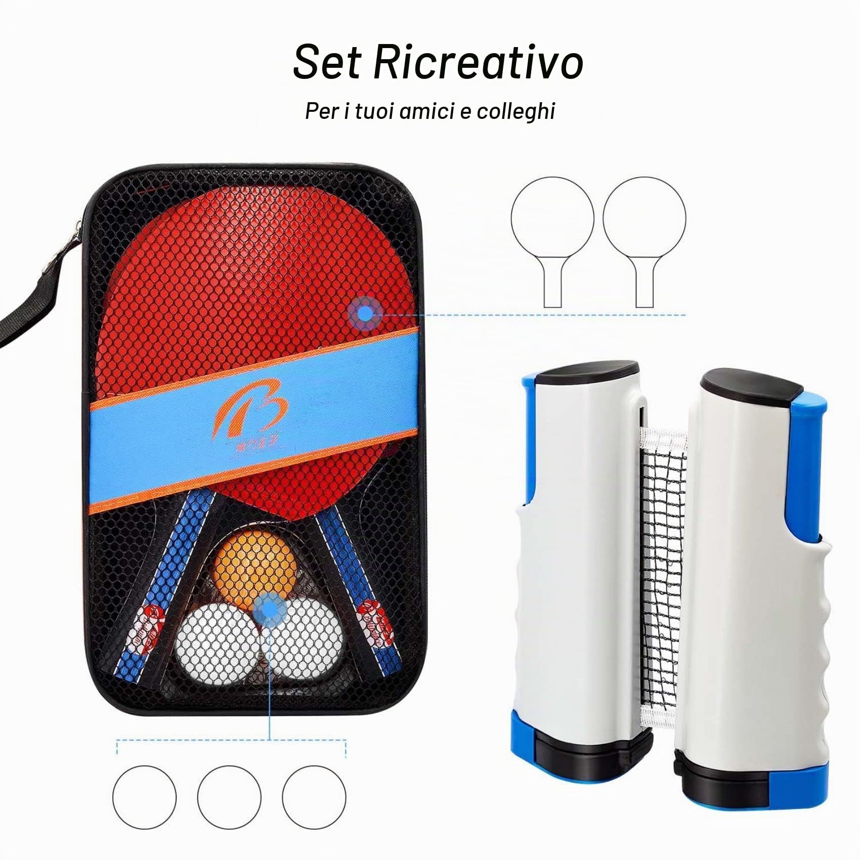 Set Racchette Ping Pong con Racchette da Ping Pong, Palline e Borsa