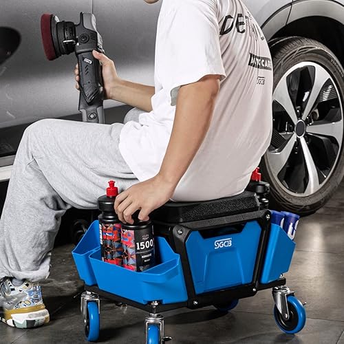 Miniatura 2 de SGCB Taburete mecánico móvil automotriz  Asiento de arrastre de rodillos de alta resistencia, cojín de goma suave, ruedas de freno, bandeja de