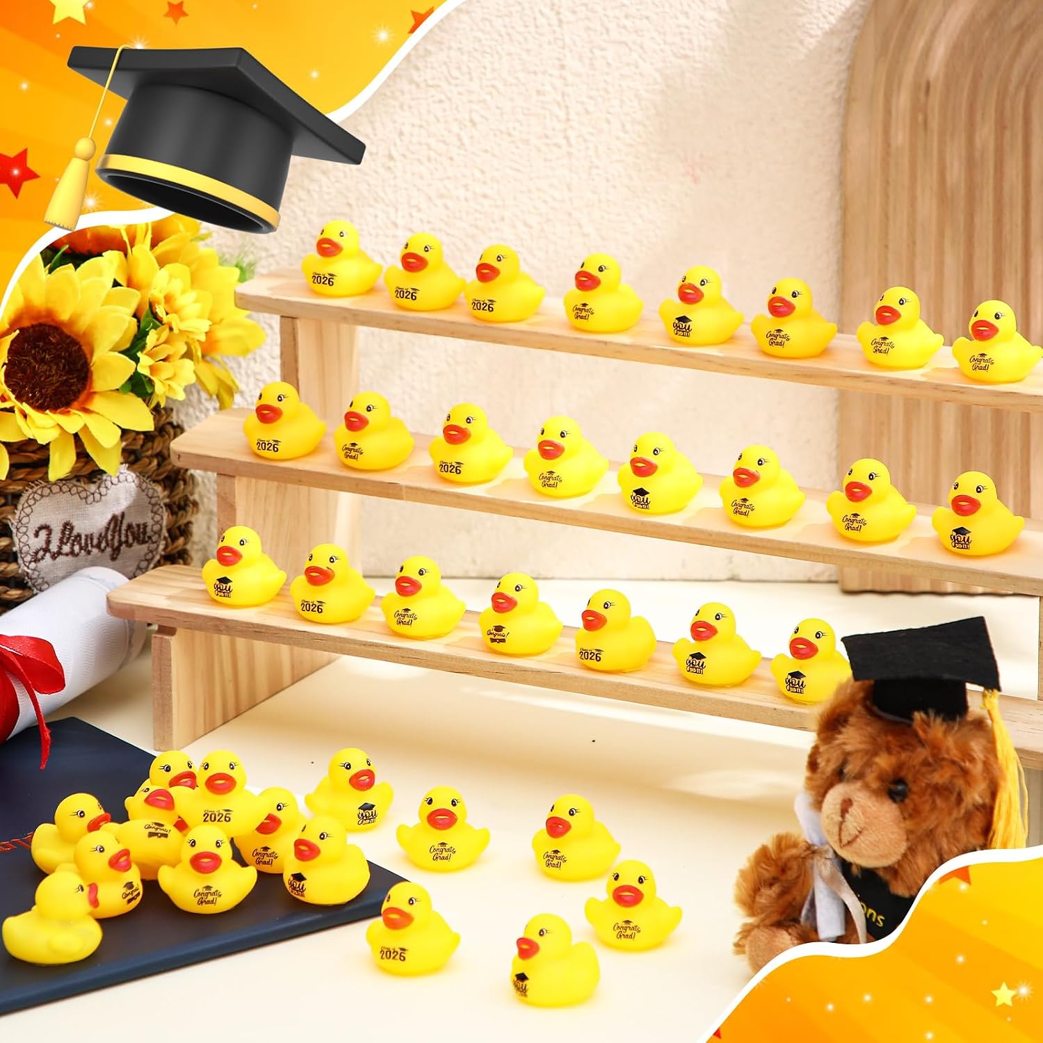 MiniInflat 100 Pcs Class of 2026 Graduation Rubber Ducks Bulk 2026 Congrats Grad Assorted Rubber Ducks Mini Graduation Pool Ducky Toys for Classroom Exchange Gifts